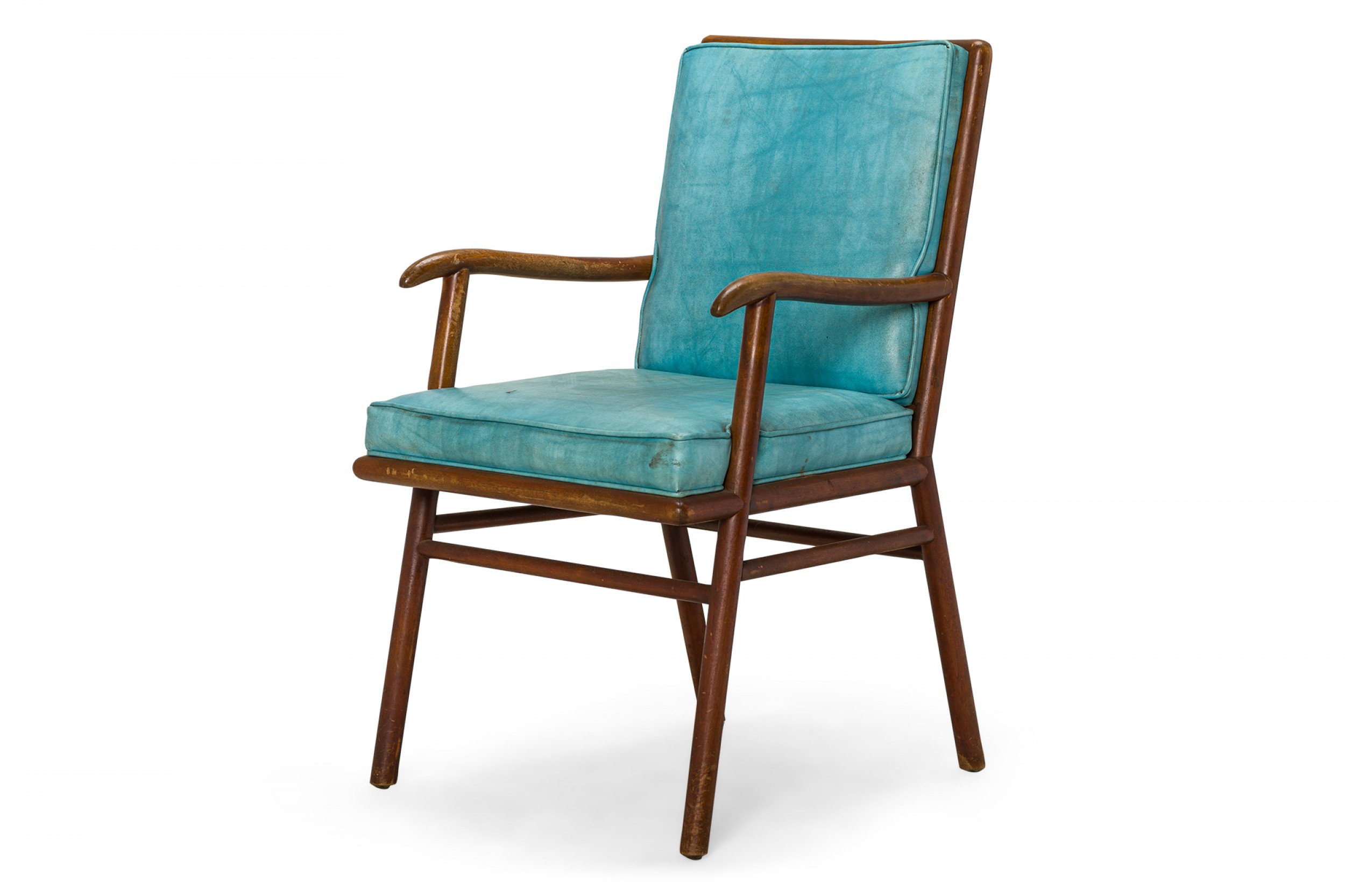 TH Robsjohn Gibbings for Widdicomb American Mid Century Walnut and Blue Vinyl Dining Armchair