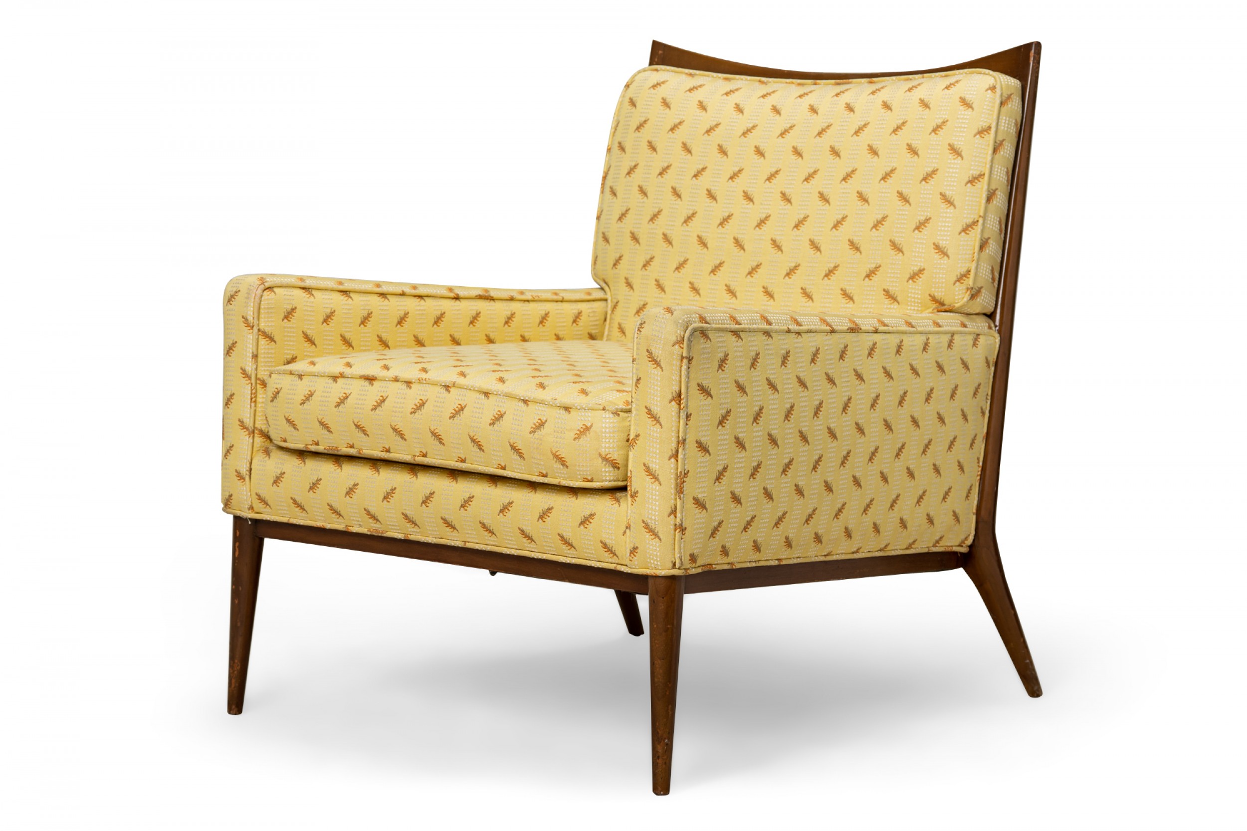 Paul McCobb for Directional American Mid Century Yellow Patterned Fabric and Walnut Lounge Armchair