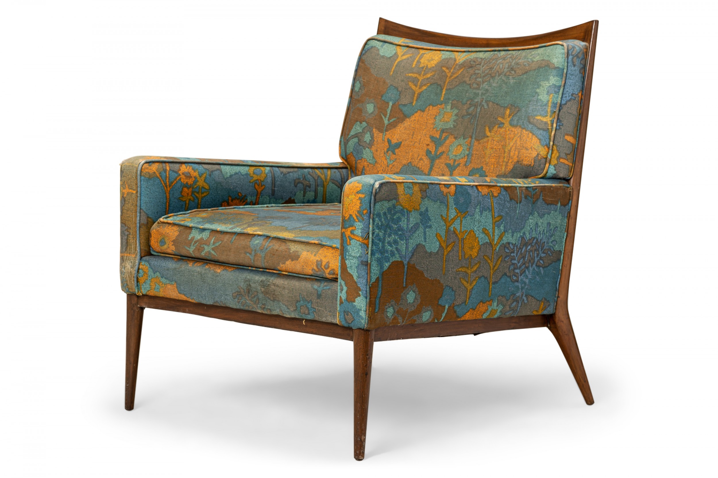 Paul McCobb for Directional American Mid Century Floral Fabric and Walnut Lounge Armchair