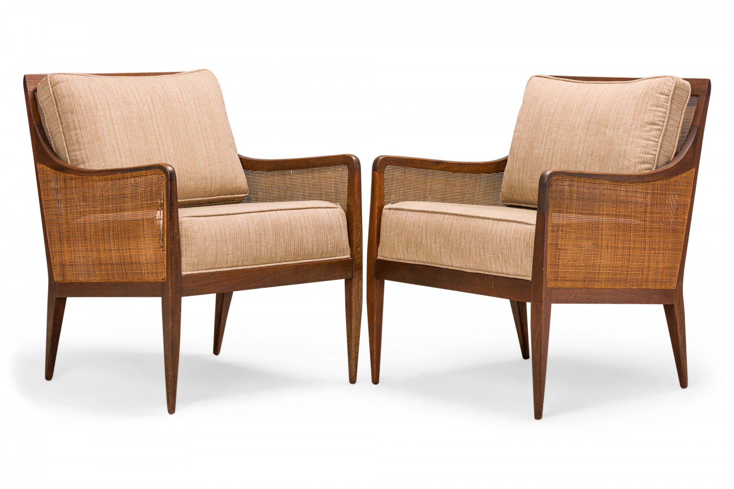 Pair of Kipp Stewart for Directional Mid Century Walnut Cane and Beige Upholstered Lounge Chairs