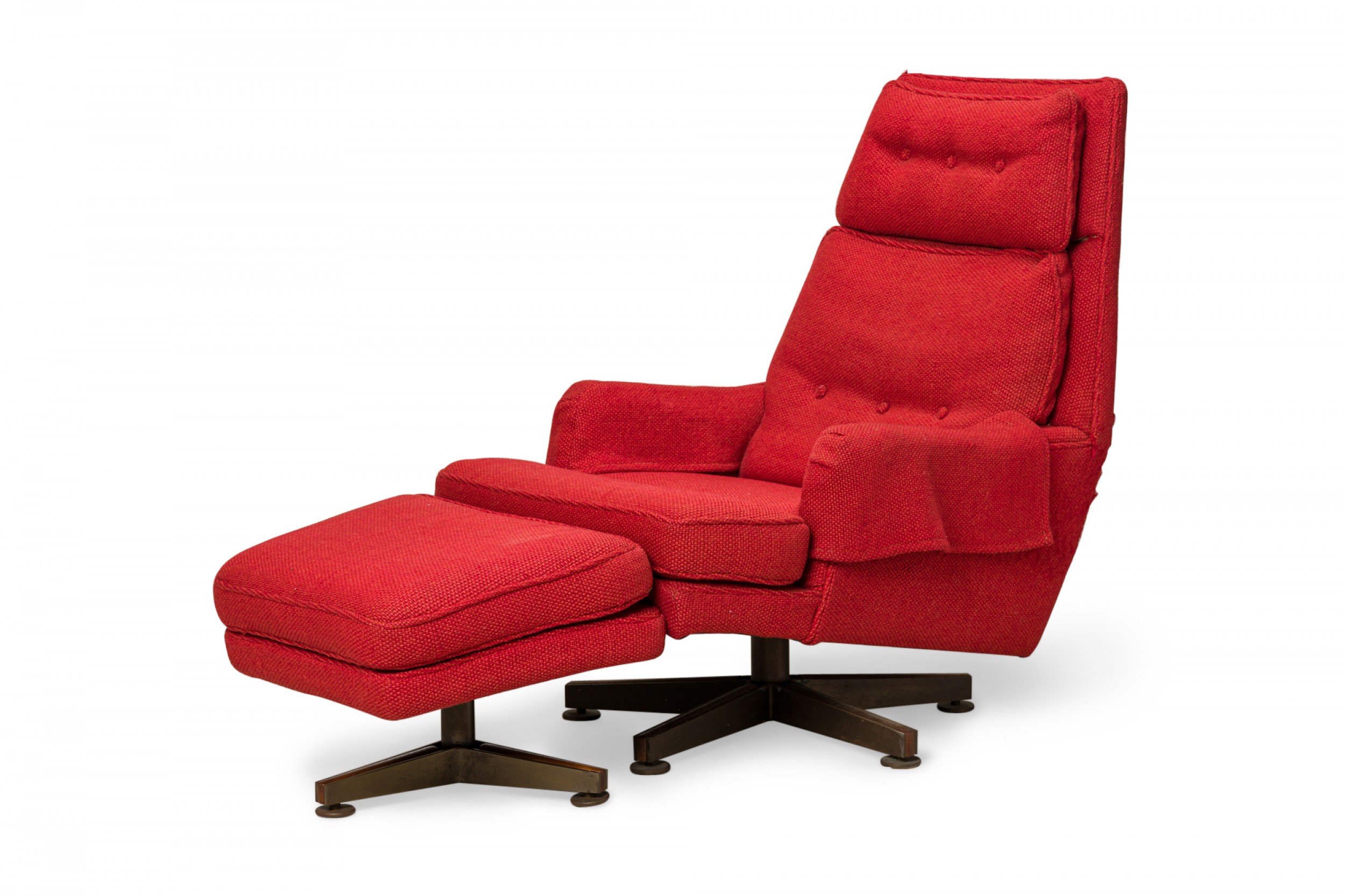 Edward J Wormley for Dunbar American Mid Century Red Upholstered Swivel Lounge Chair and Footstool