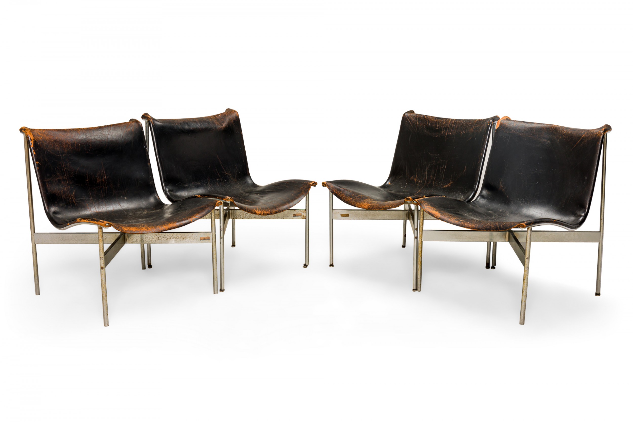 Set of 4 Katavolos Littell Kelley for Laverne Mid Century Chrome and Leather Sling Lounge Chairs