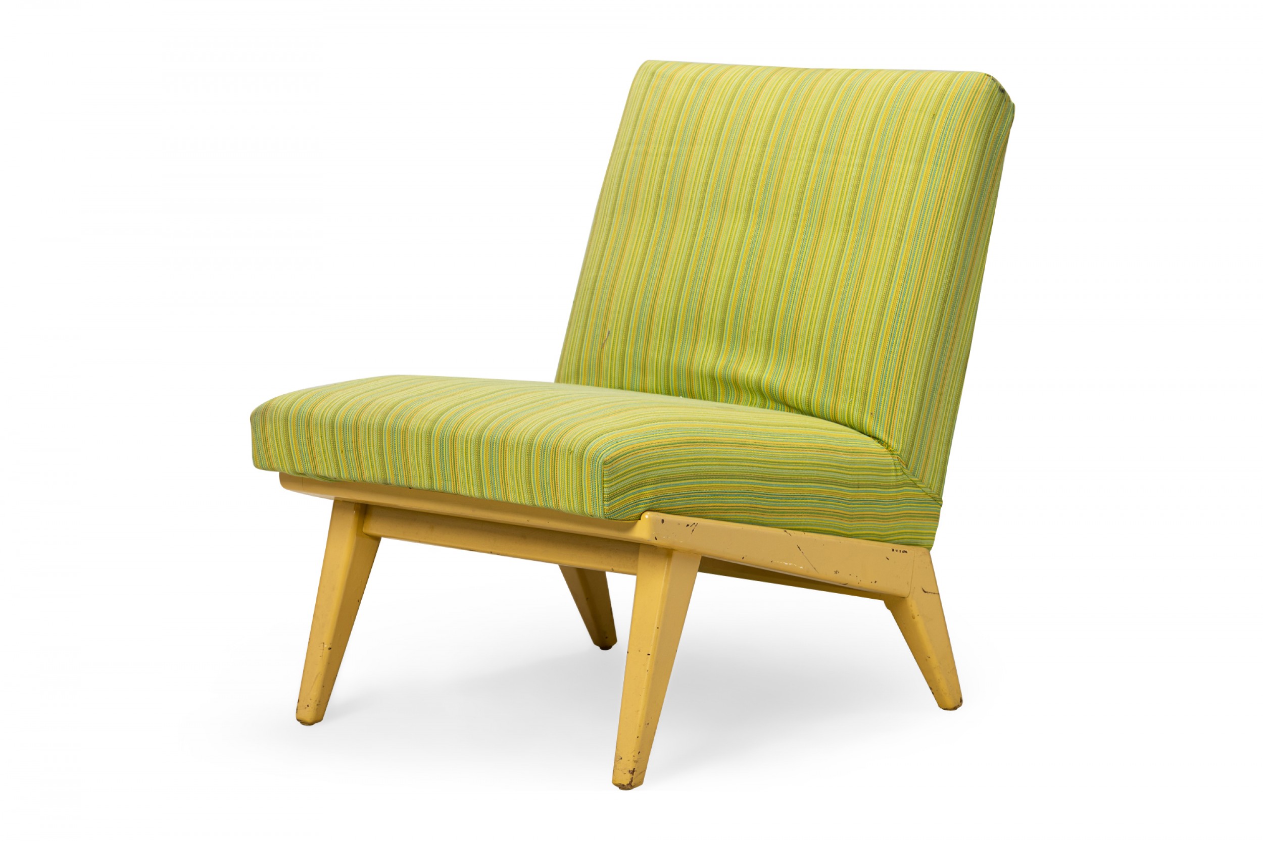 Jens Risom for Knoll Mid Century Lime Green Striped Upholstered Blonde Wood Slipper Side Chair
