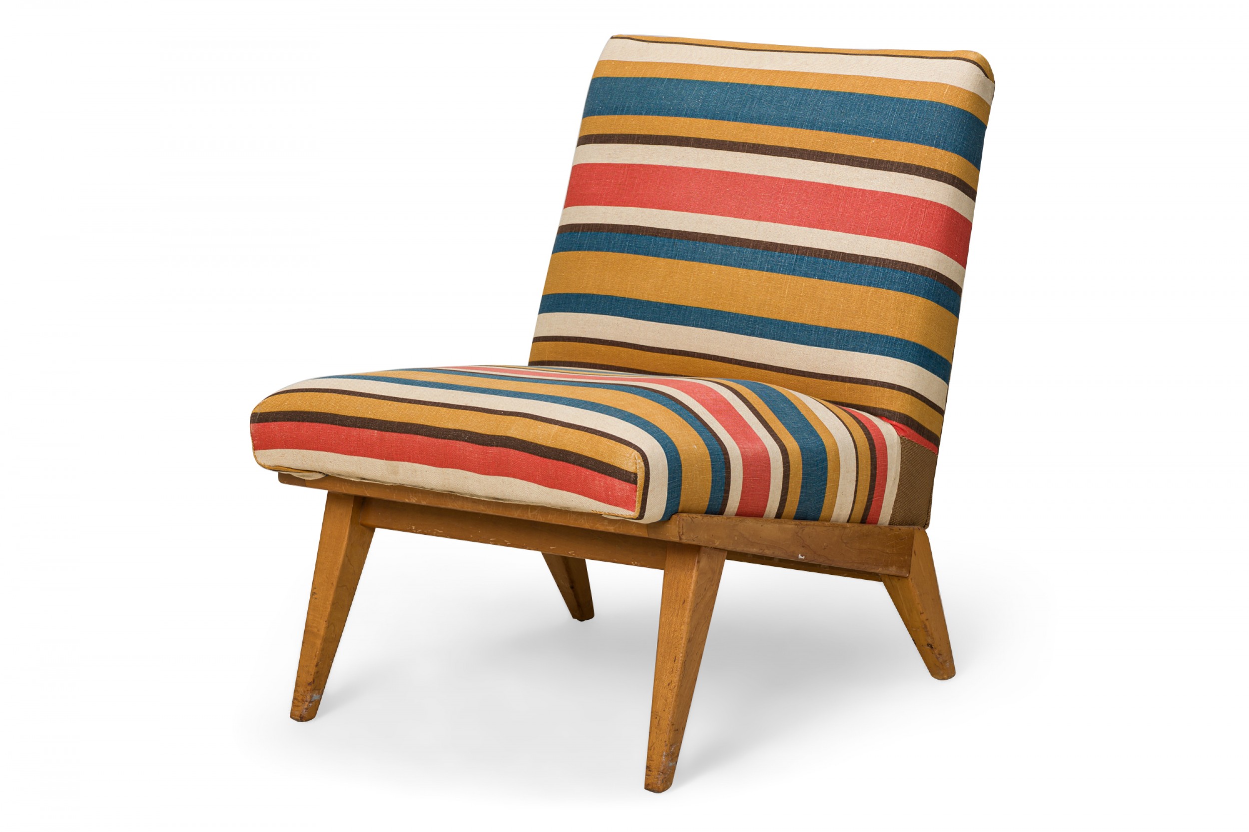 Jens Risom for Knoll Mid Century Striped Upholstered Blonde Wood Slipper Side Chair