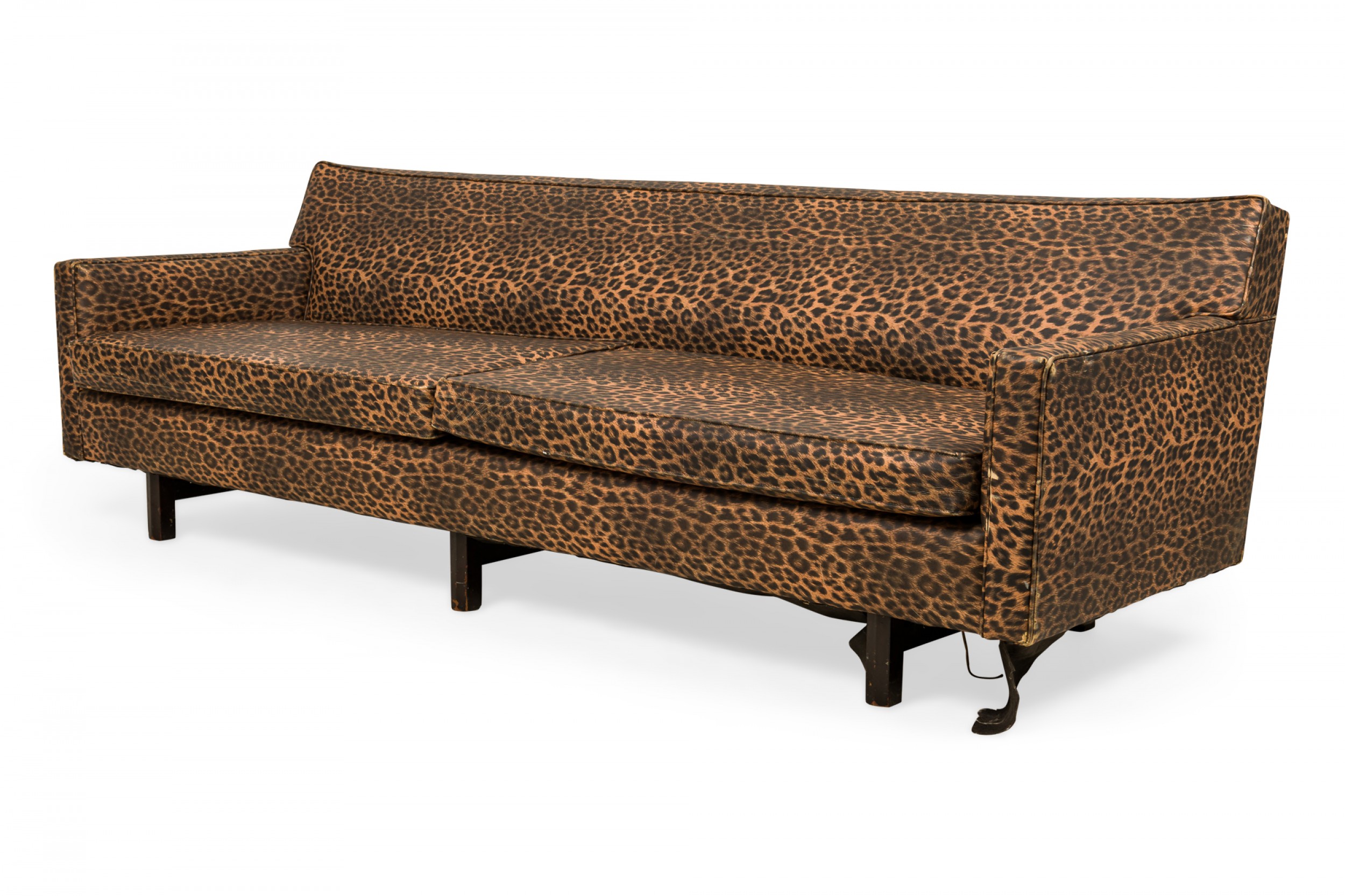 Edward J Wormley for Dunbar American Mid Century Vinyl Leopard Print Upholstered Three Seat Sofa