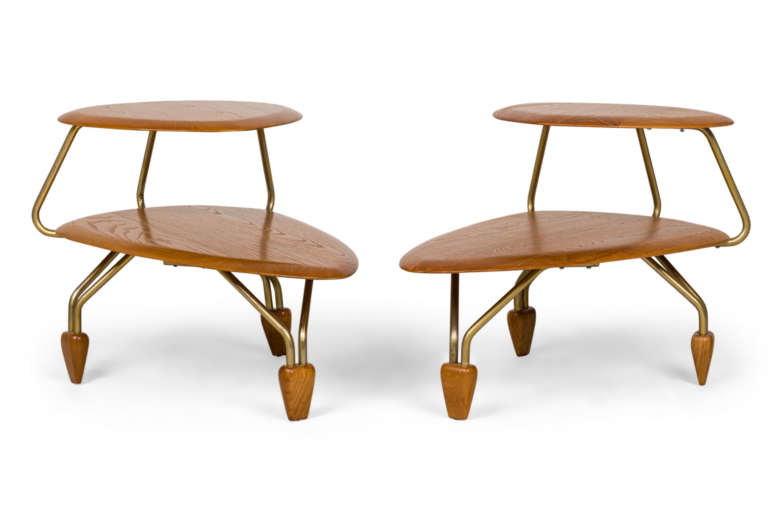 Pair of California Design American Mid Century Walnut and Brass Two Tier Step End Side Tables