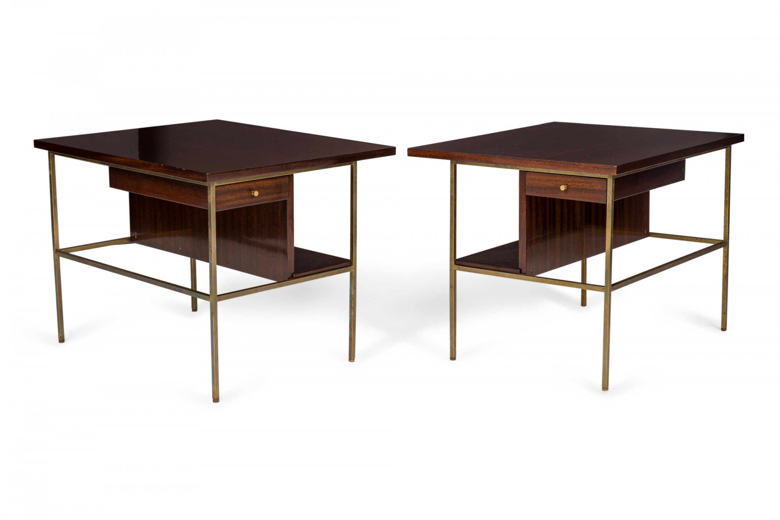 Pair of Paul McCobb for Calvin American Mid Century Brass and Walnut Cantilever end side Tables