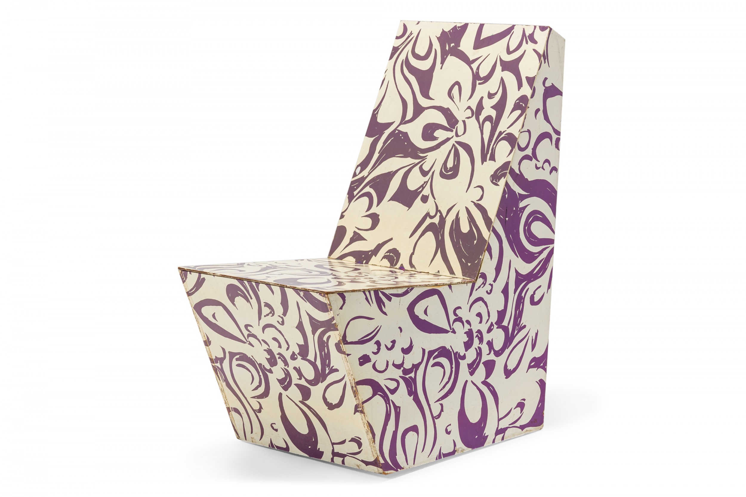 Bill Bell American Mid Century White and Purple Psychedelic Patterned Painted Plywood Side Chair