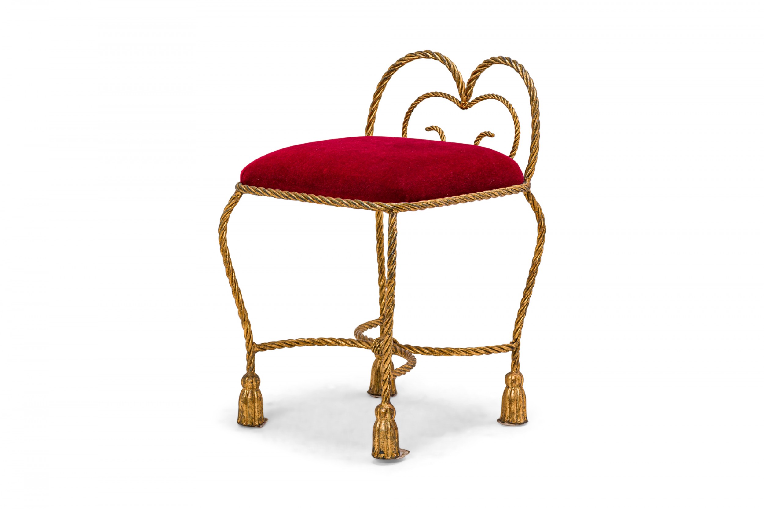 Palladio mid century rope and tassel gilt iron and red upholstery vanity bench