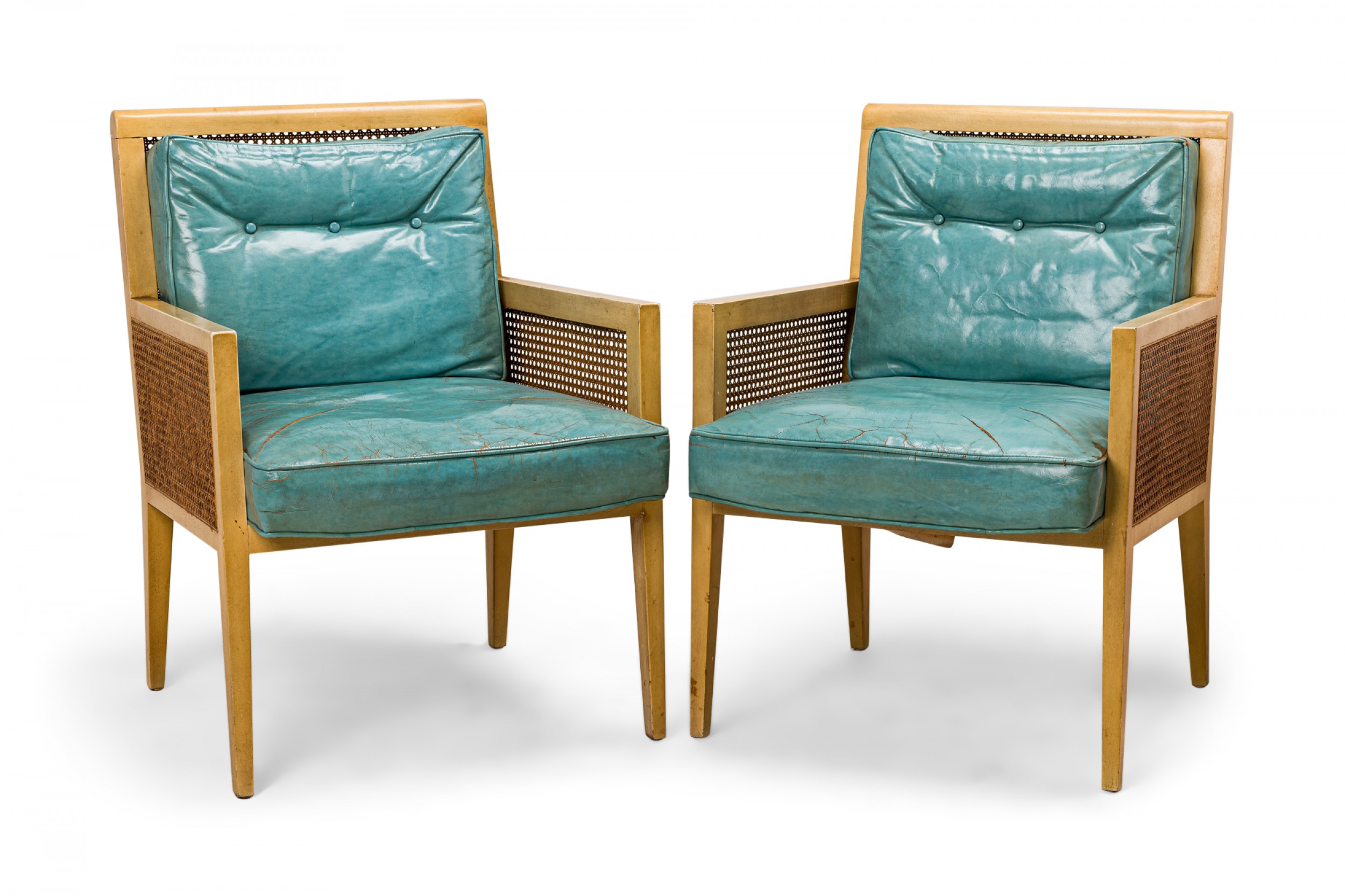 Pair of american mid century blond wood cane and blue leather lounge armchairs