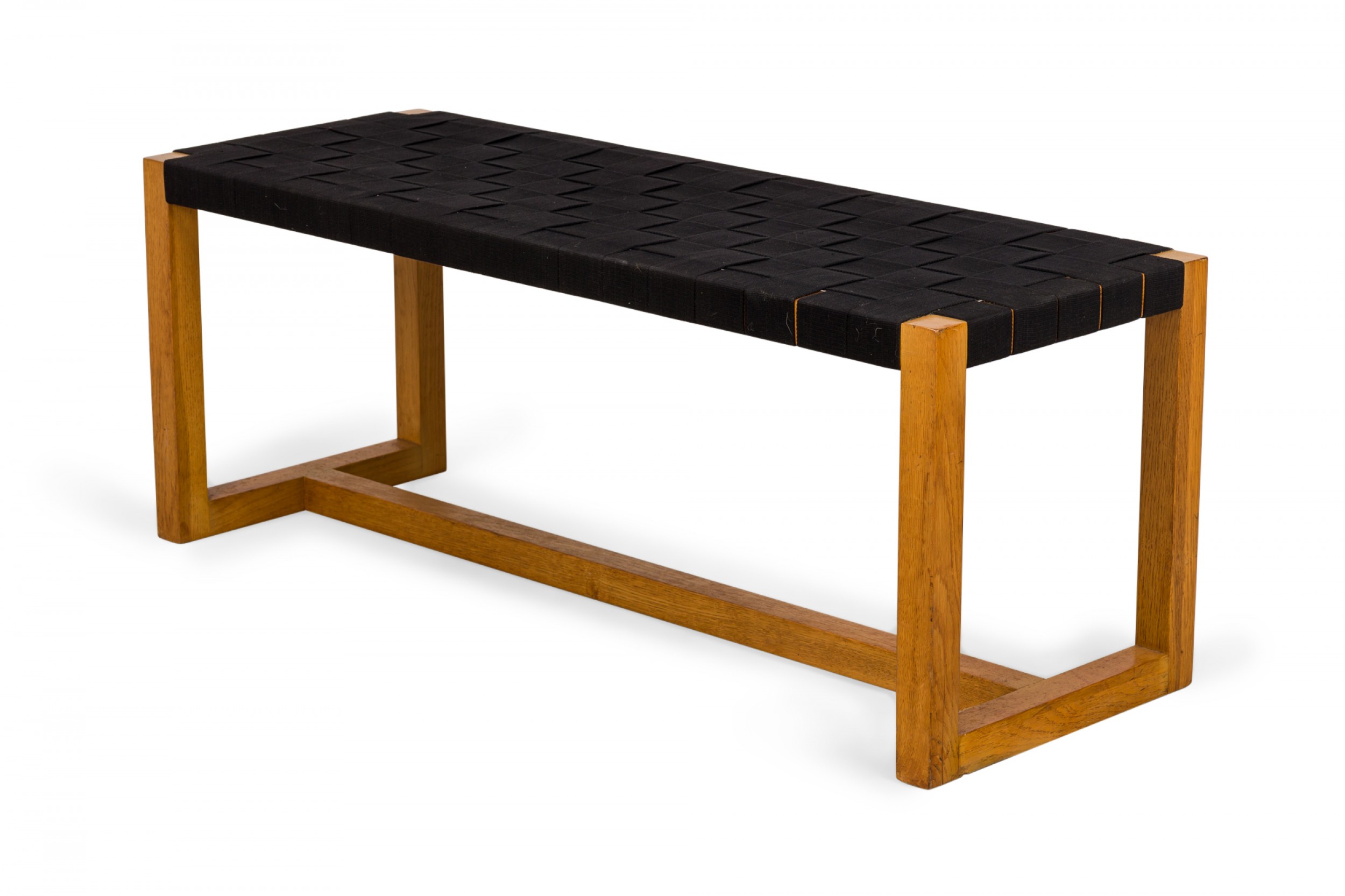 American mid century modern woven black webbing and bleached walnut rectangular bench