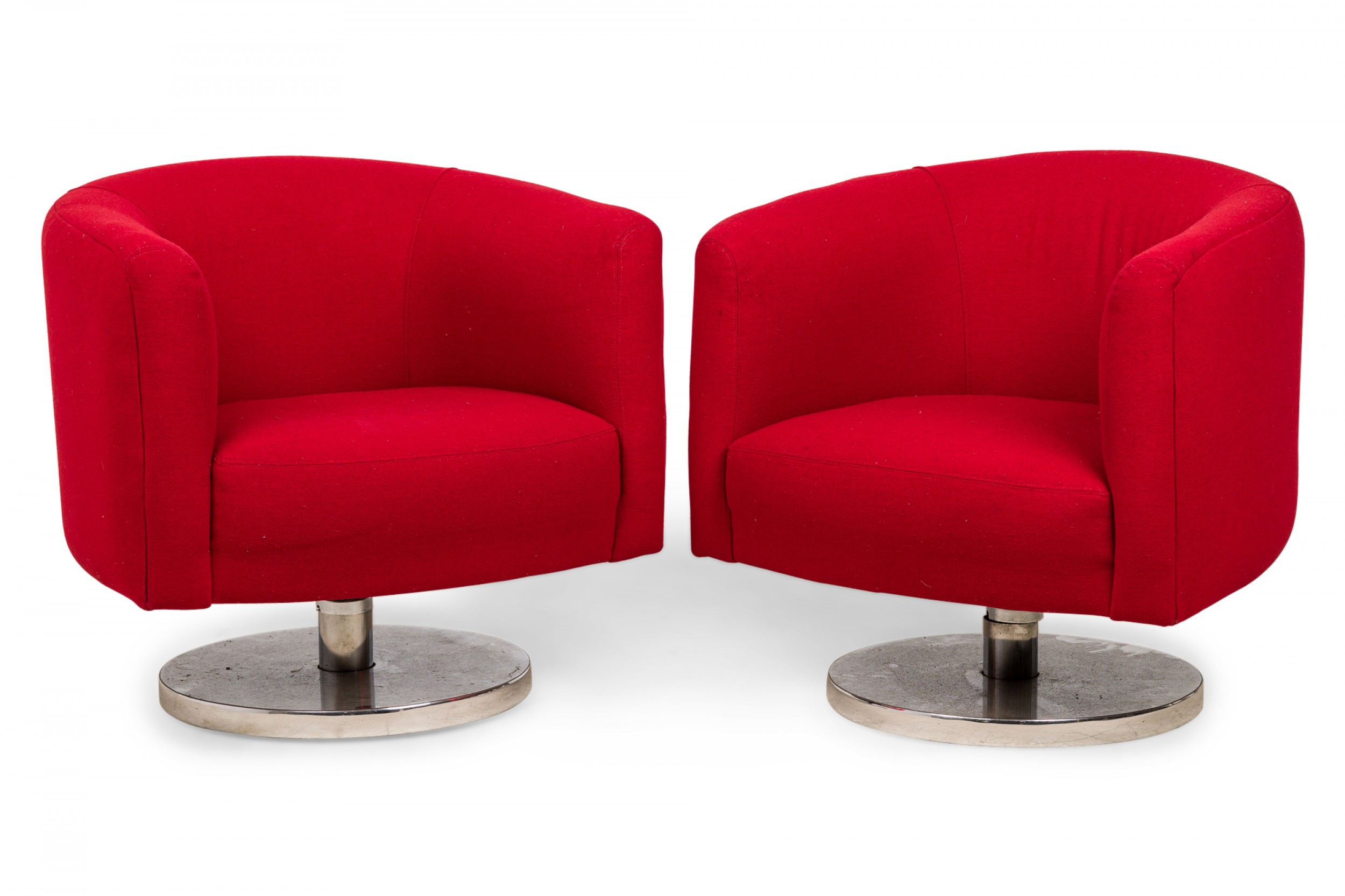 Pair of milo baughman american mid century bright red upholstered swivel tilt tub armchairs