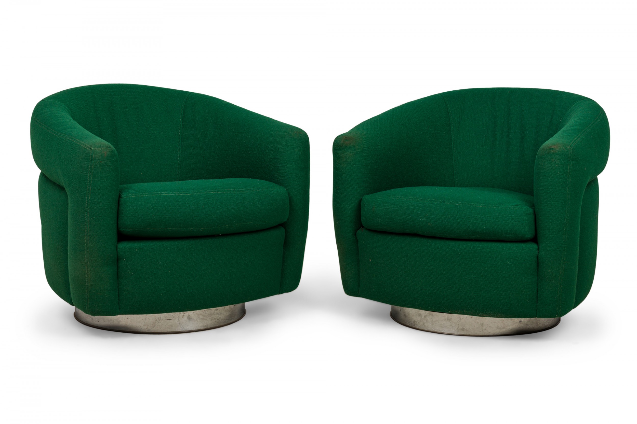 Pair of milo baughman american mid century emerald green upholstered swivel tilt tub armchairs