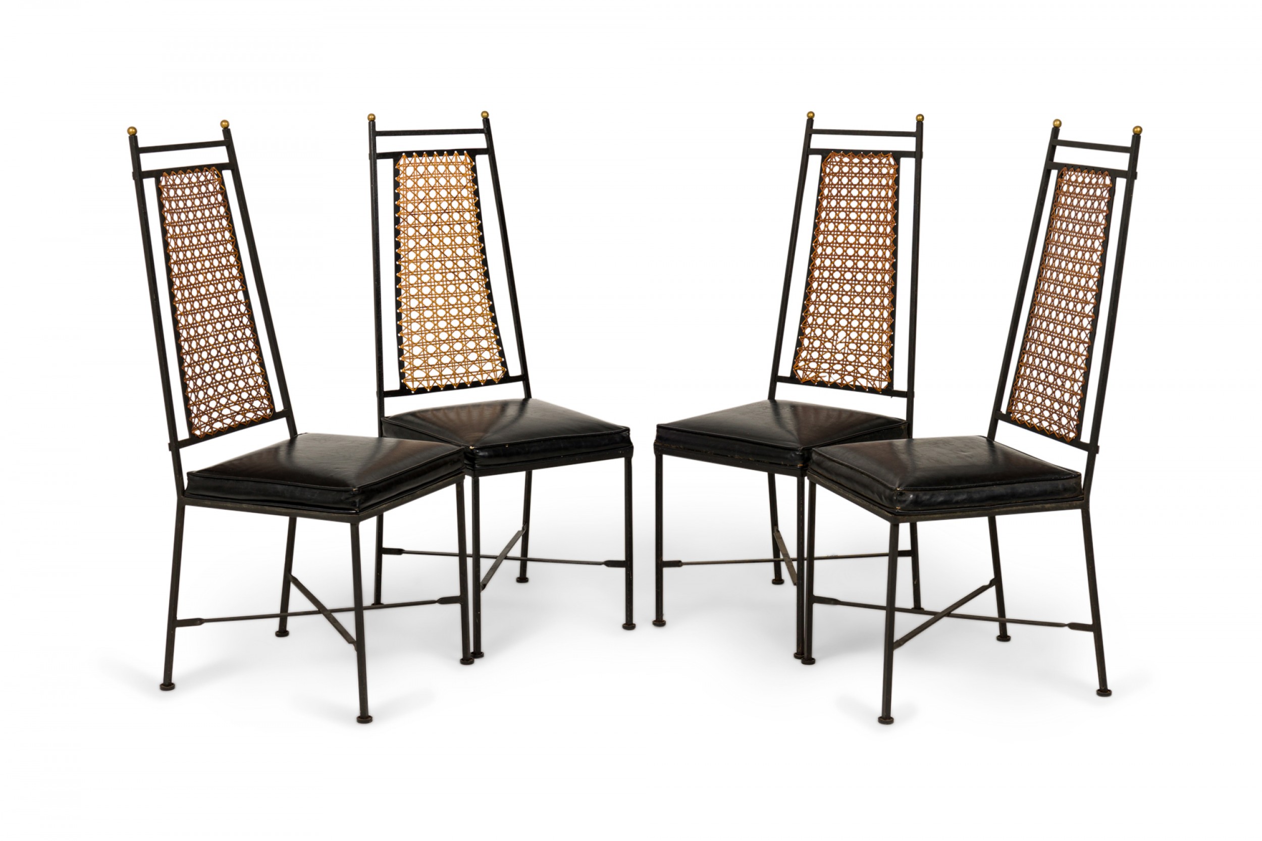 Set of 6 american mid century tapered back wrought iron caned seat dining side chairs