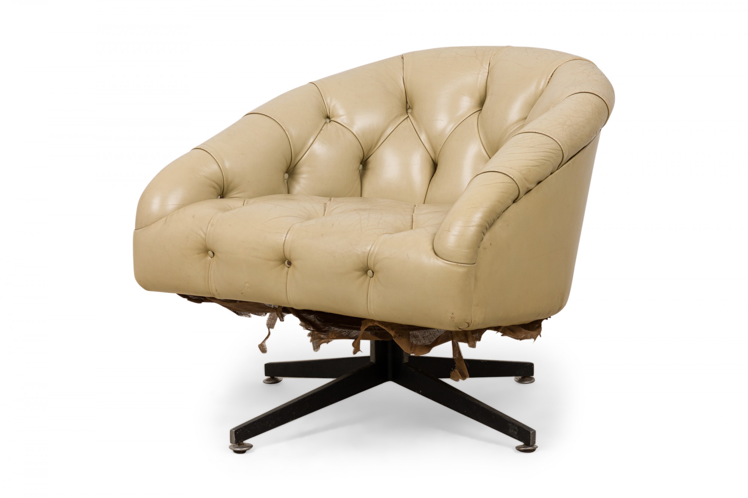 Ward bennett american mid century chrome and beige tufted leather swivel tub lounge armchair
