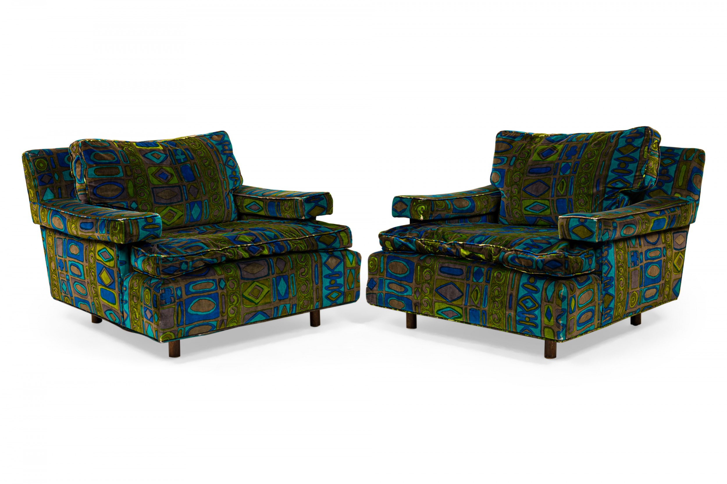Pair of harvey probber american mid century green and blue patterned velvet cube armchairs