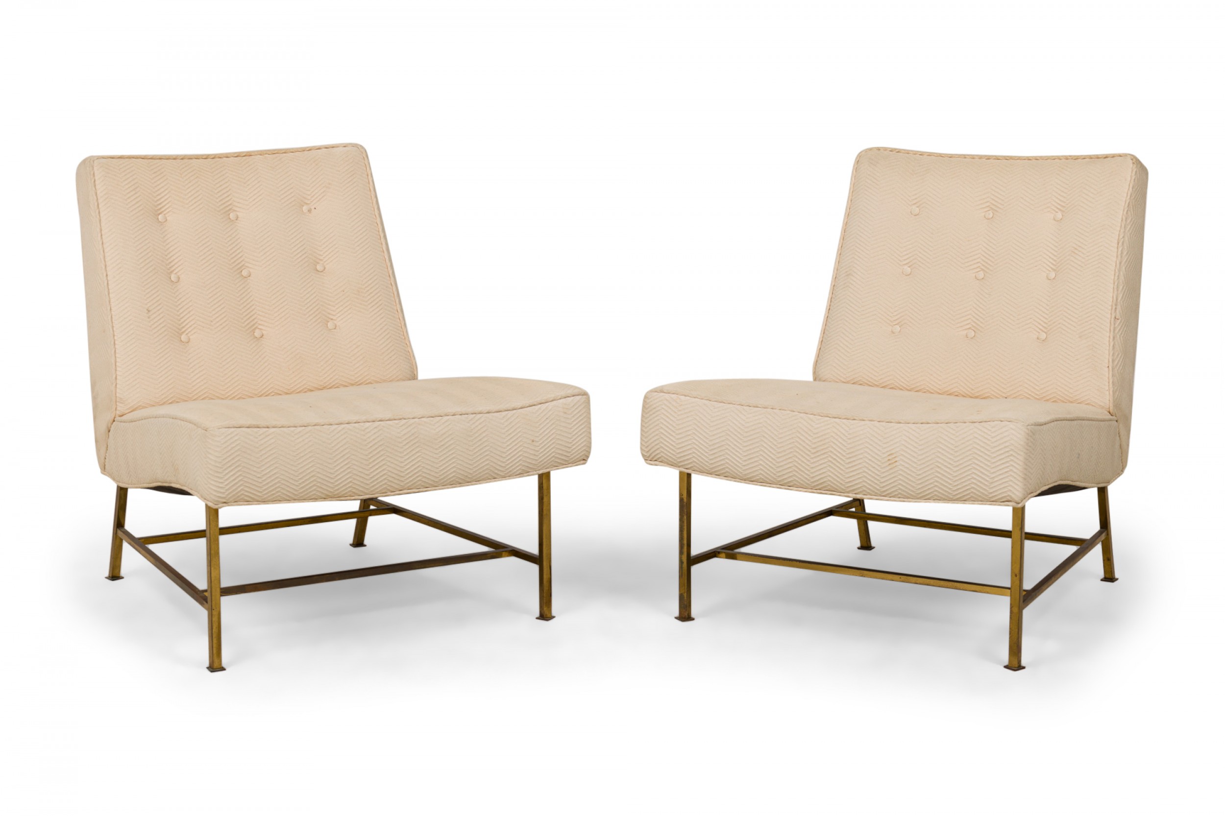 Pair of harvey probber mid century beige zig zag textured upholstery and brass slipper chairs