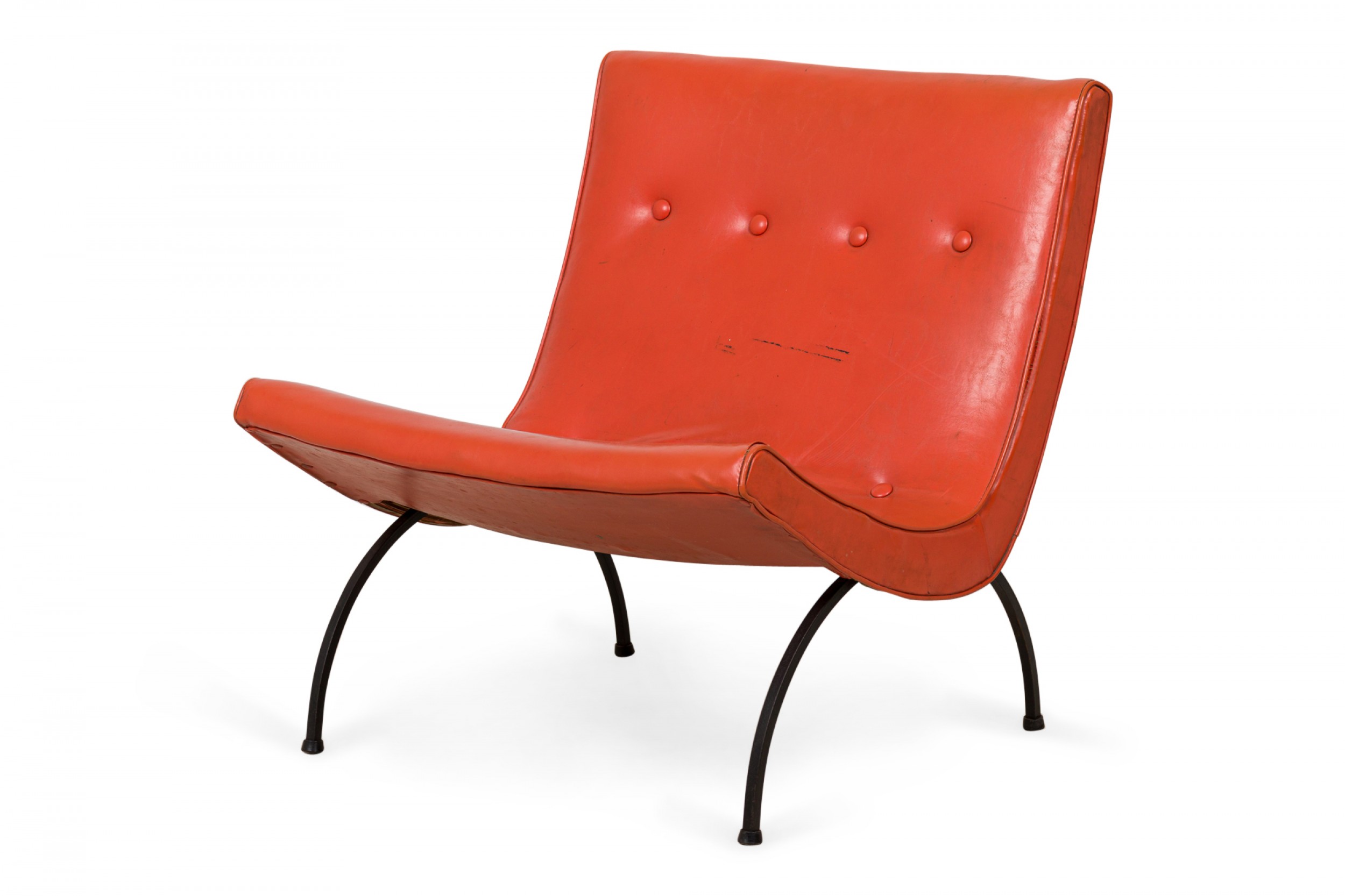 Milo baughman american mid century orange tufted vinyl upholstery and iron scoop lounge side chair