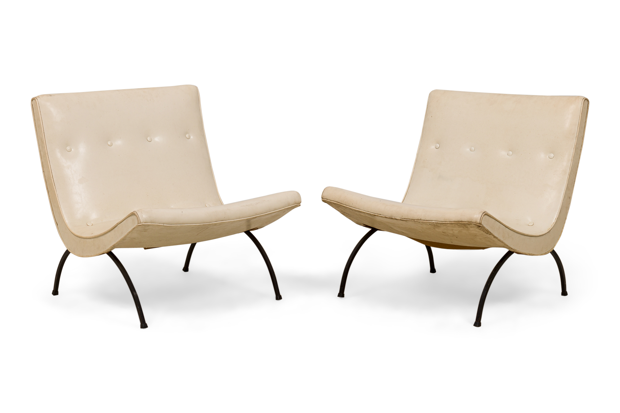 Pair of american mid century milo baughman white button tufted vinyl and iron scoop side chairs