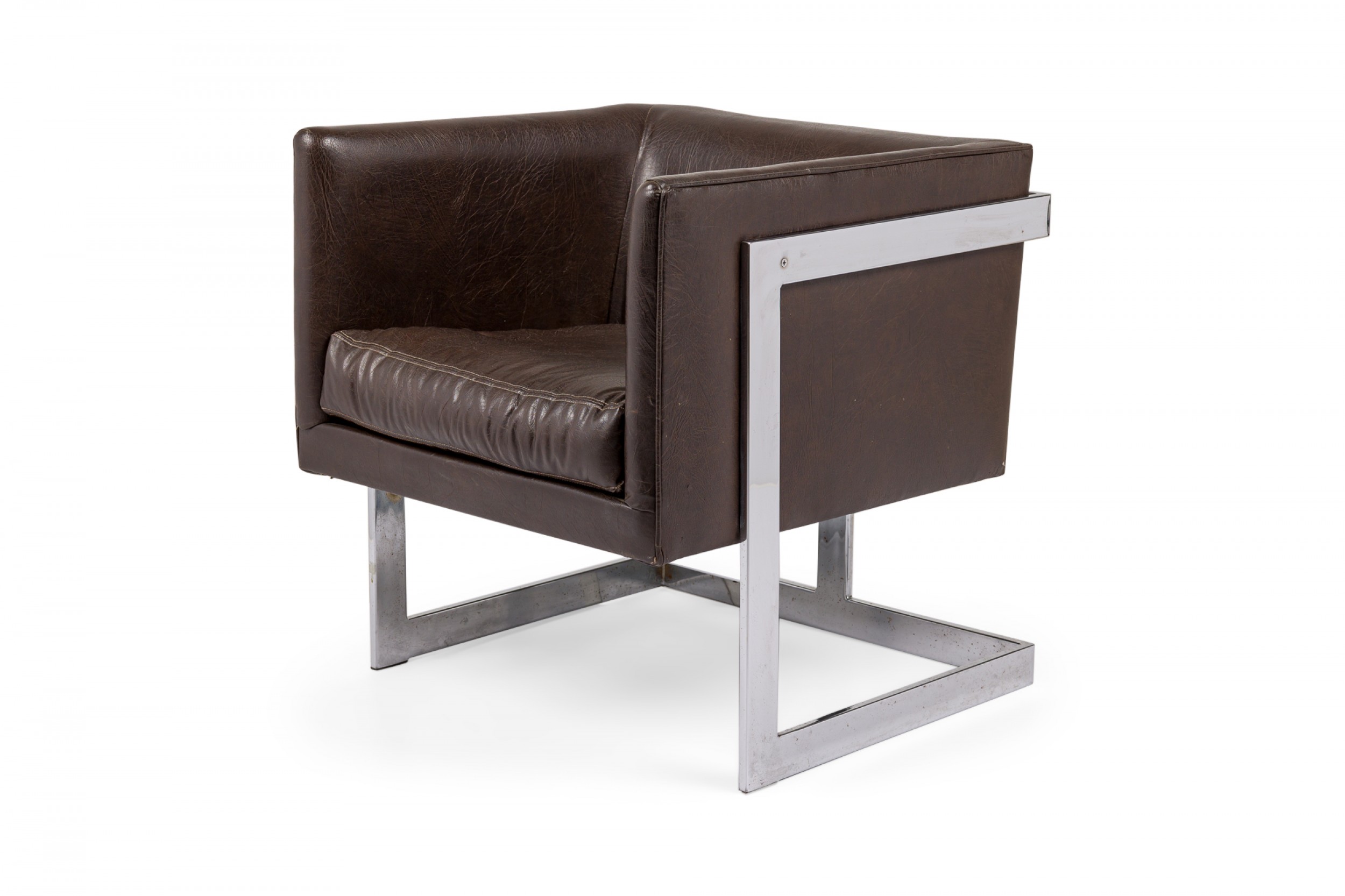 Milo baughman american mid century brown vinyl cube lounge armchair