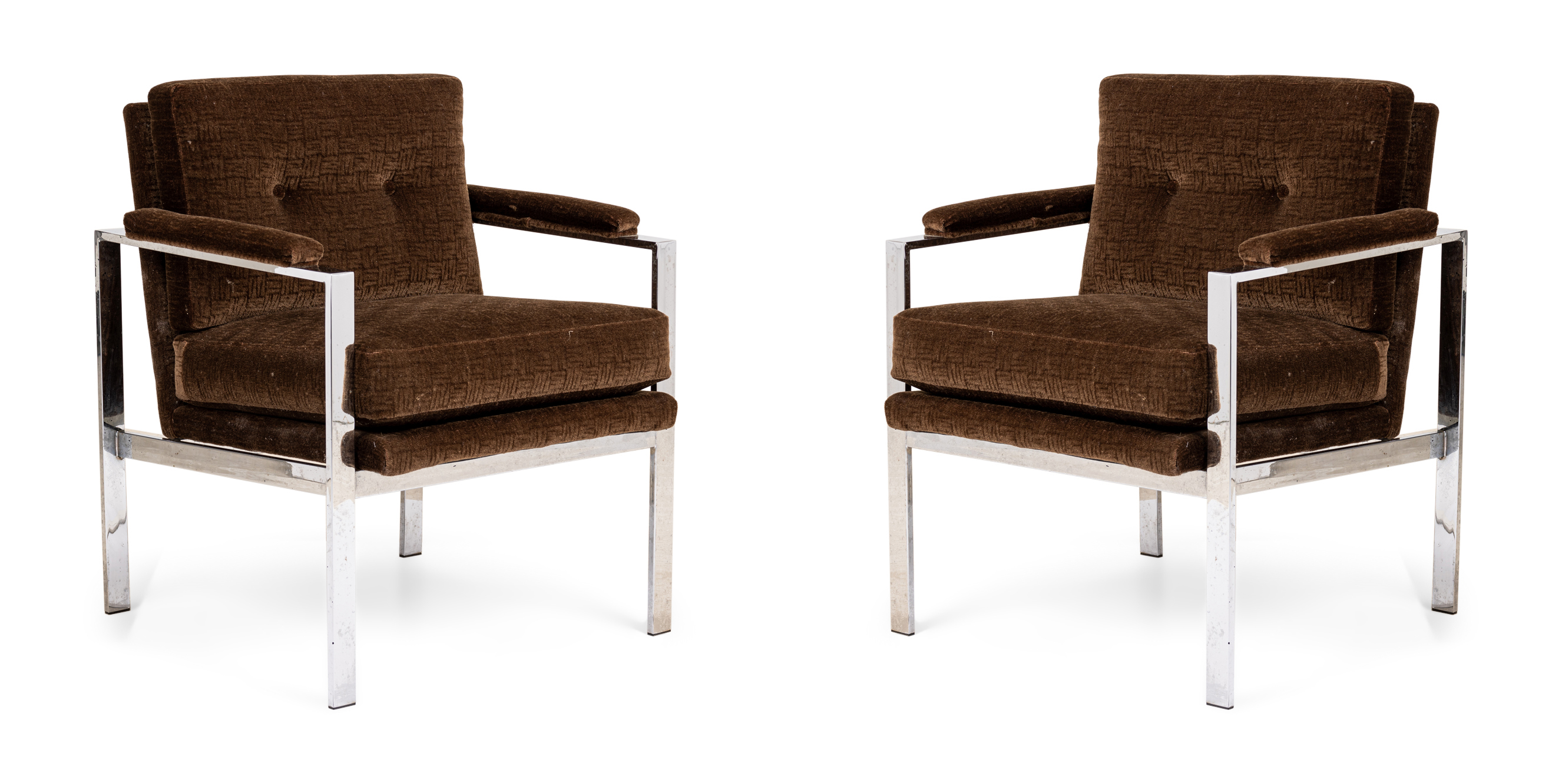 Pair of milo baughman american mid century flat chrome bar and brown fabric upholstered armchairs