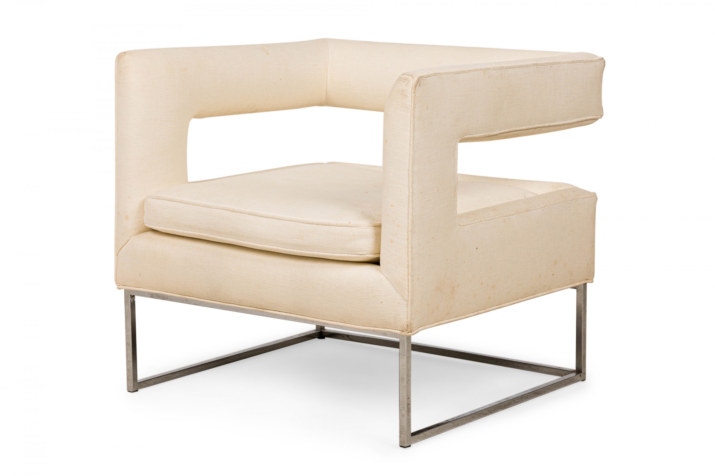 Flair mid century american chrome and beige fabric upholstered open back cube form lounge armchair 