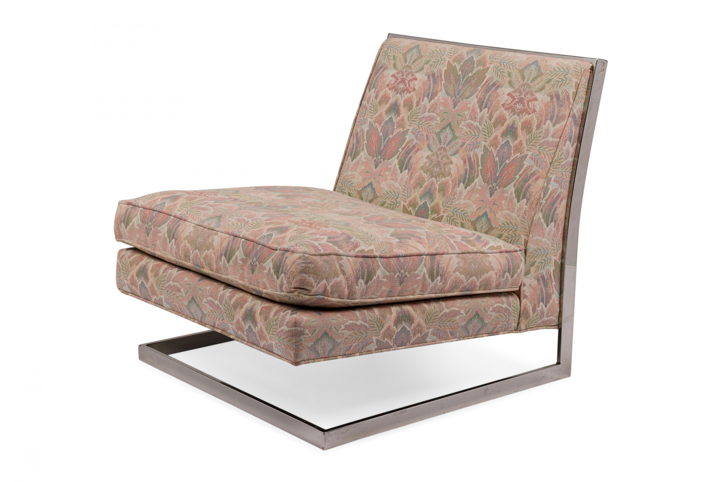 American mid century chrome and pink floral fabric floating slipper chair manner of milo baughman