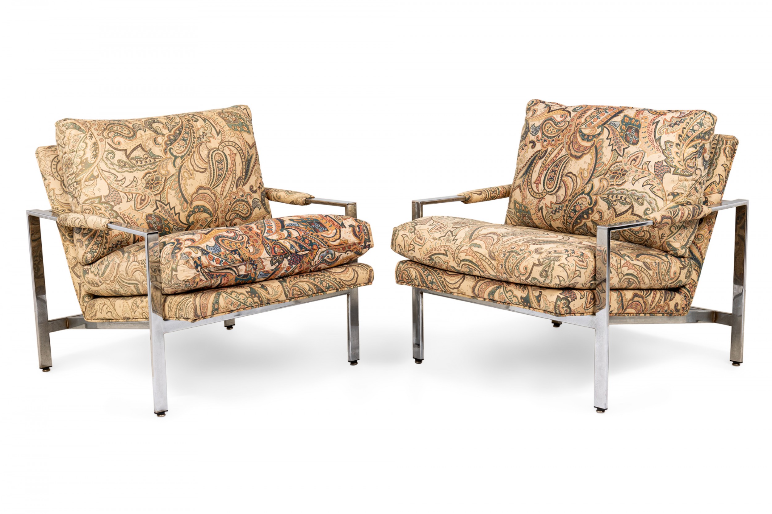 Pair of milo baughman for thayer coggin chrome and paisley fabric flat bar lounge armchairs