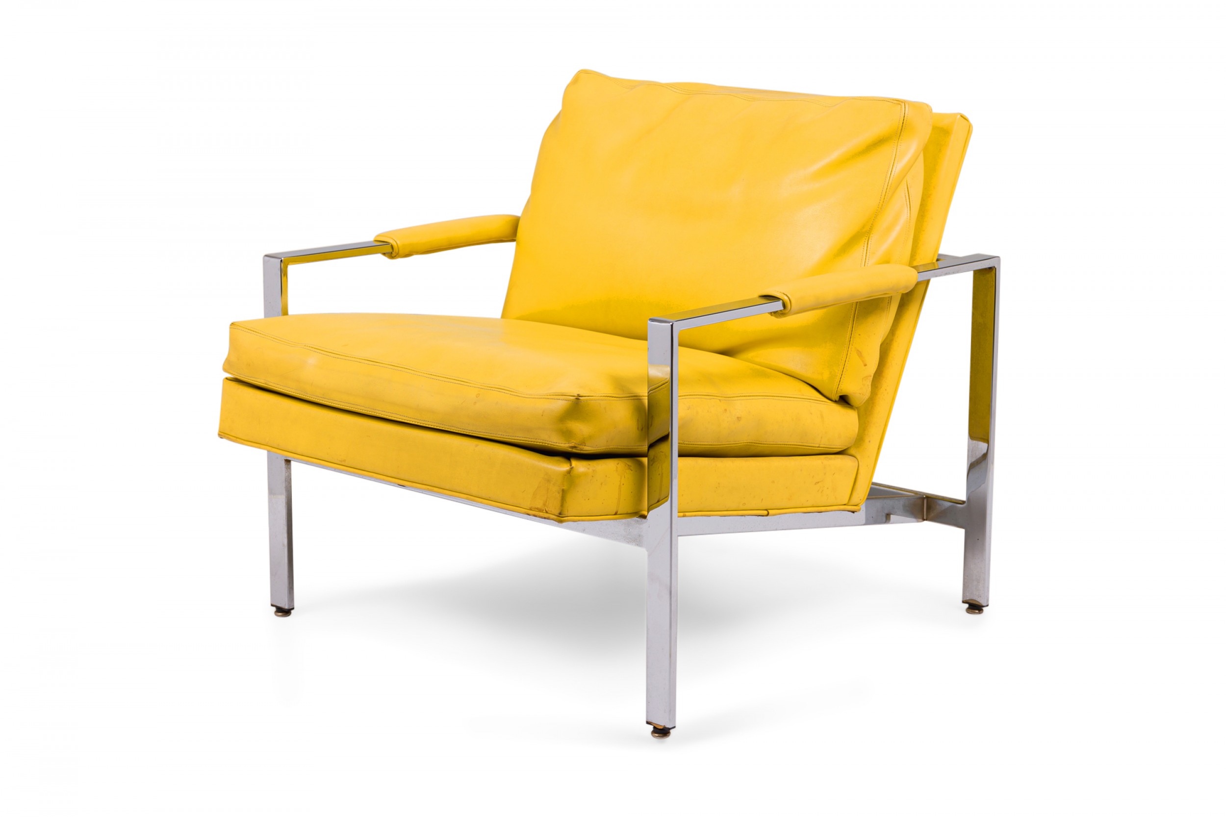 Milo baughman for thayer coggin chrome yellow vinyl flat bar lounge armchairs