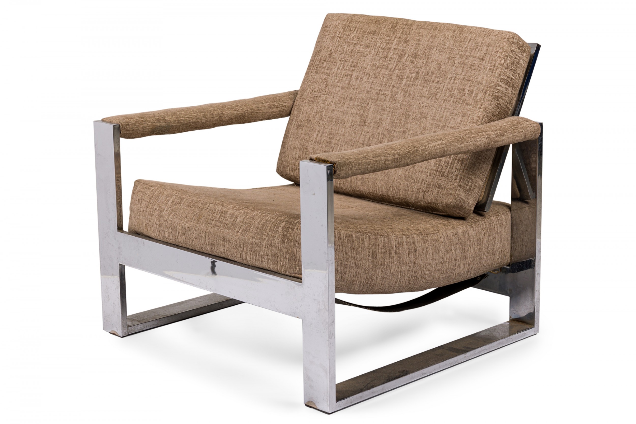 Milo baughman american mid century chrome and brown fabric upholstered tank lounge armchair