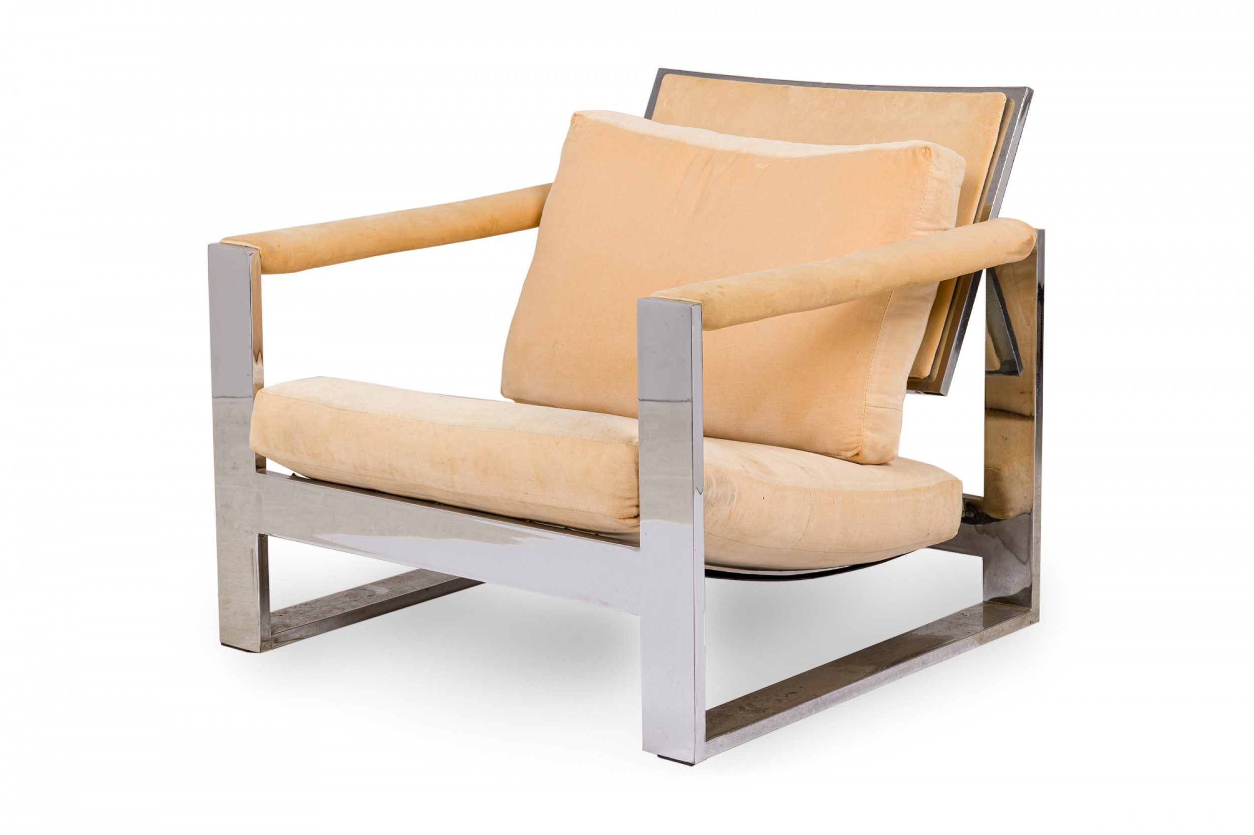 Milo baughman american mid century chrome and peach fabric upholstered tank lounge armchair