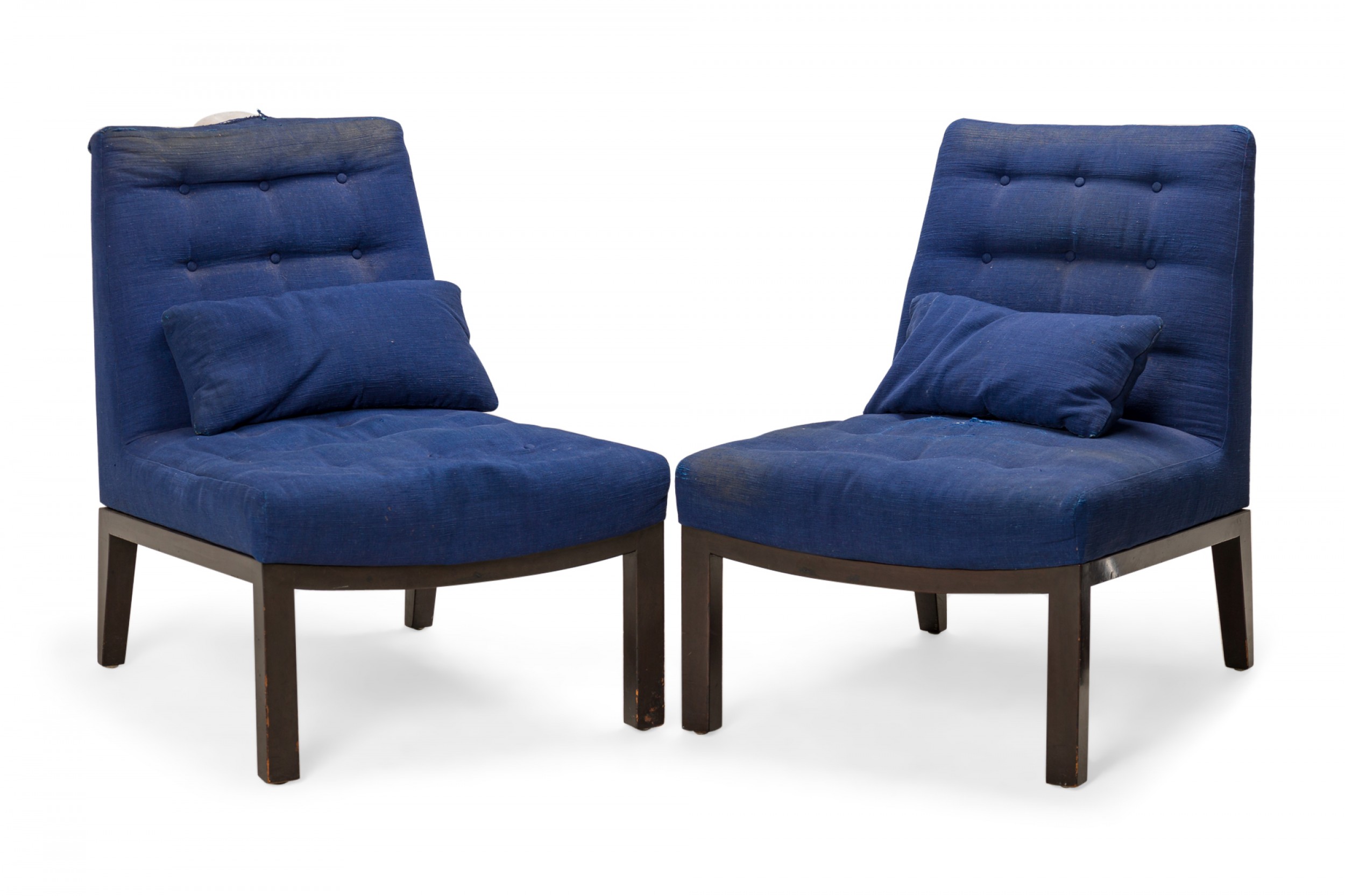 Pair of edward wormley for dunbar american mid century dark blue upholstered slipper side chairs