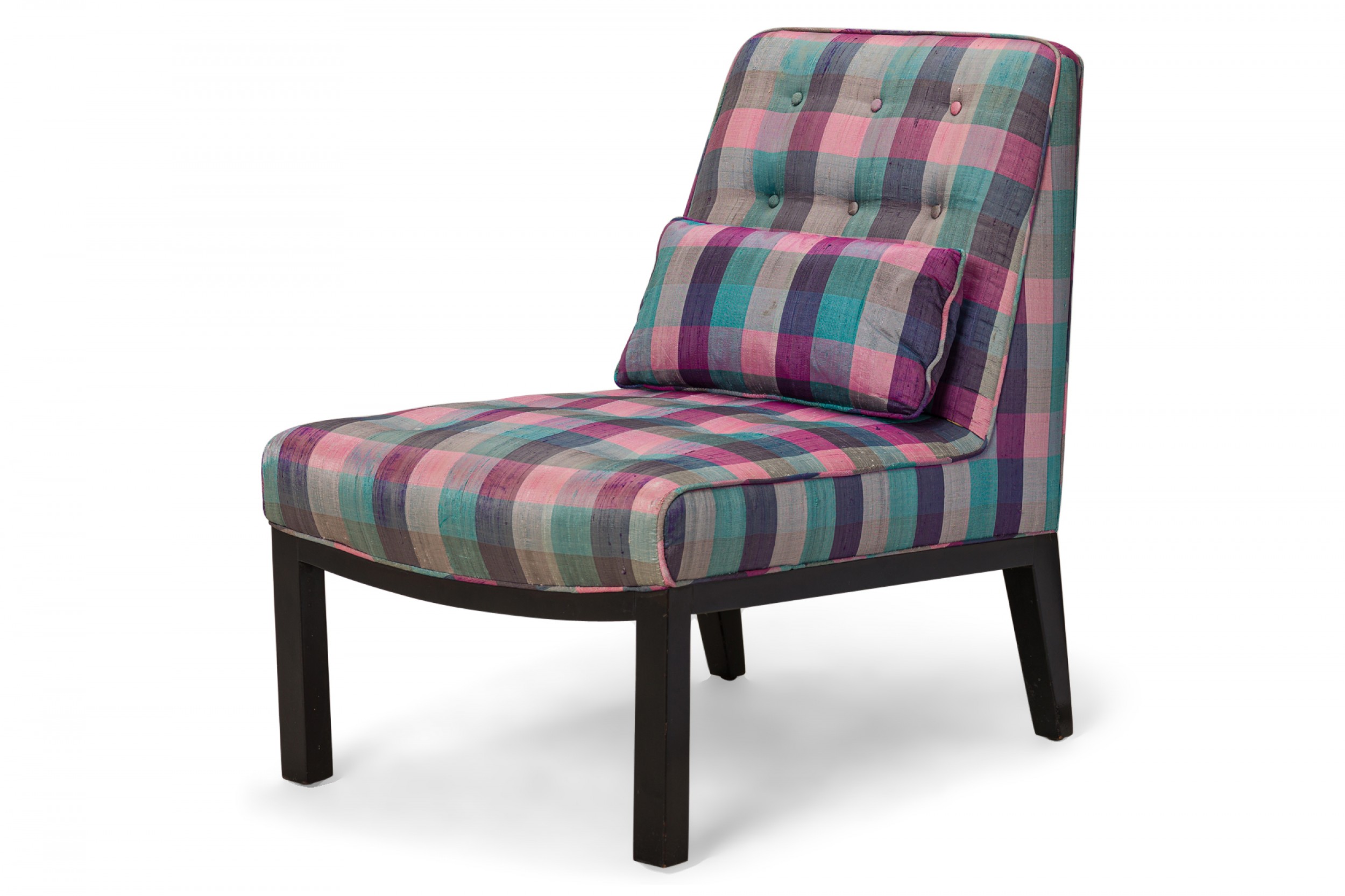 Edward wormley for dunbar american mid century pink purple plaid upholstered slipper side chair