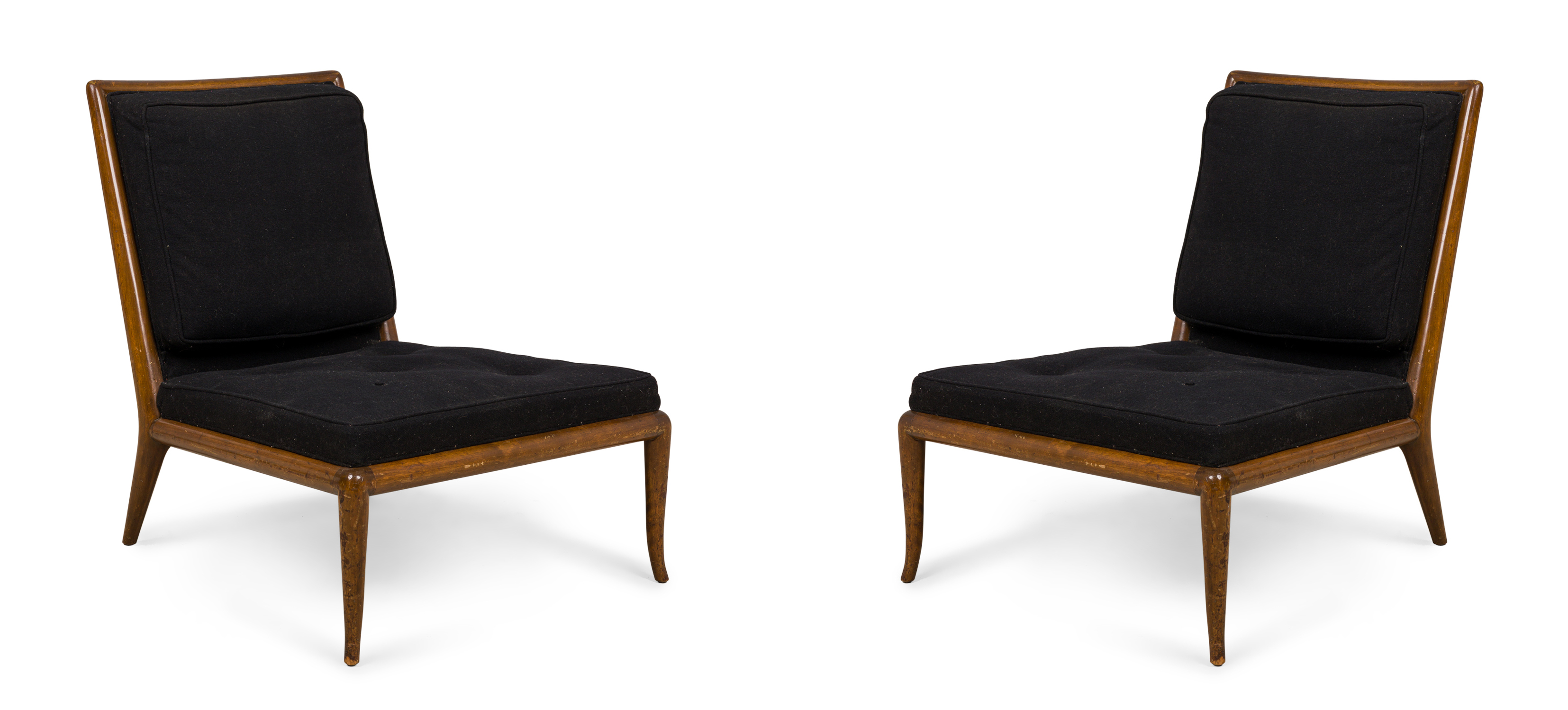 Pair of th robsjohn gibbings widdicomb mid century black fabric and walnut slipper side chairs