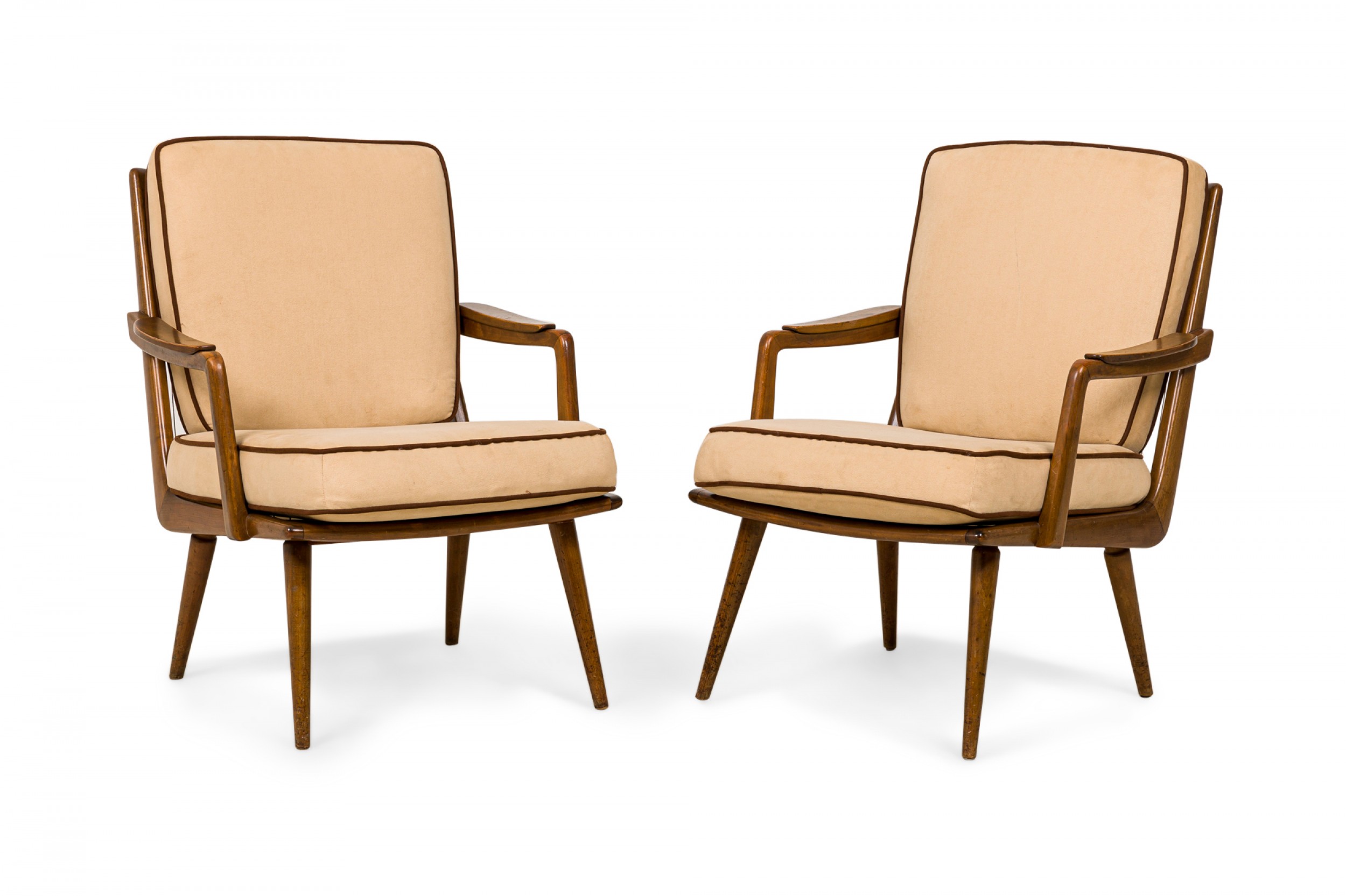 Pair of american mid century walnut and beige fabric upholstered petite lounge armchairs