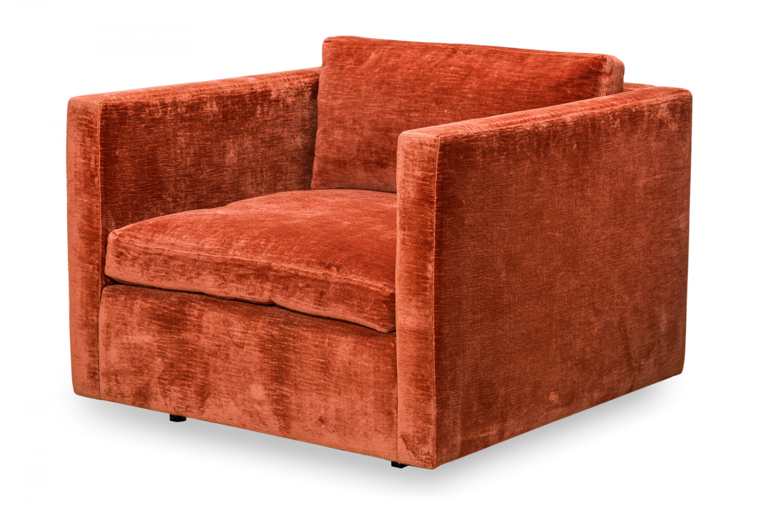 Charles pfister for knoll american mid century tuxedo crushed orange velvet lounge armchair