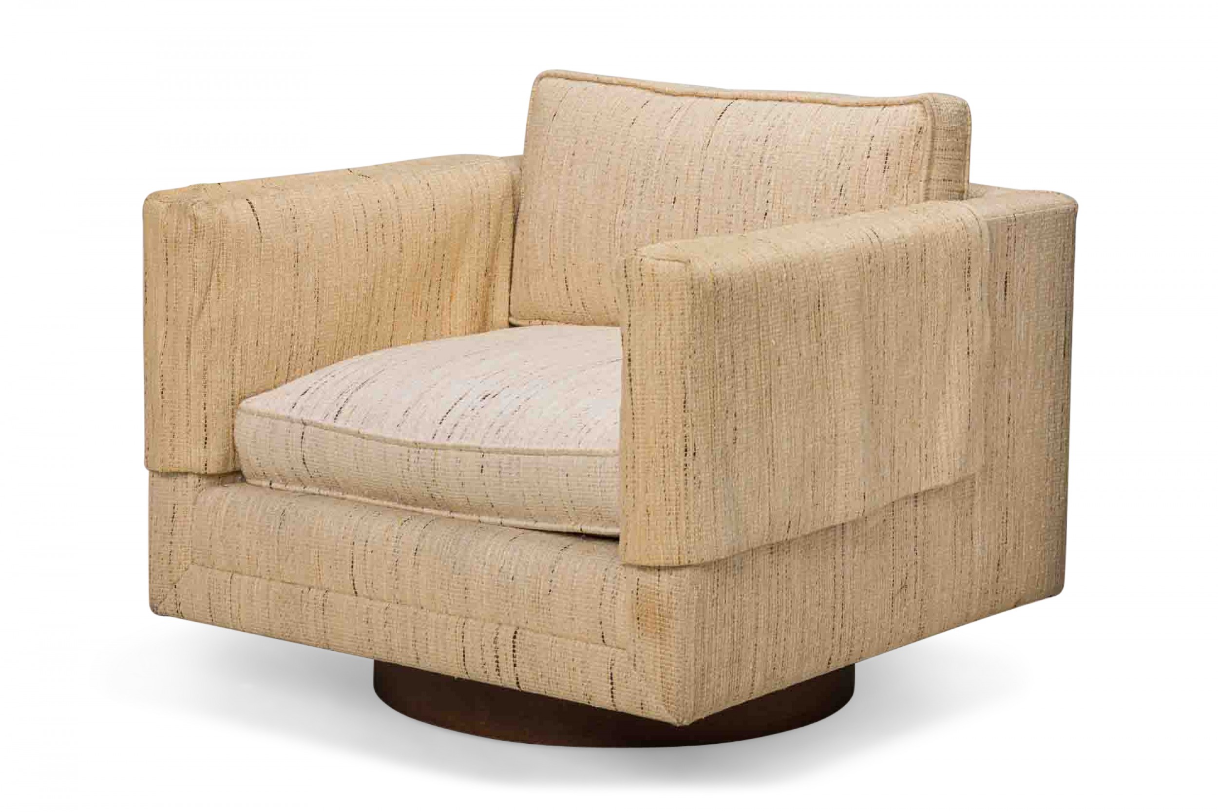Harvey probber american mid century woven beige fabric upholstered cube swivel lounge armchair