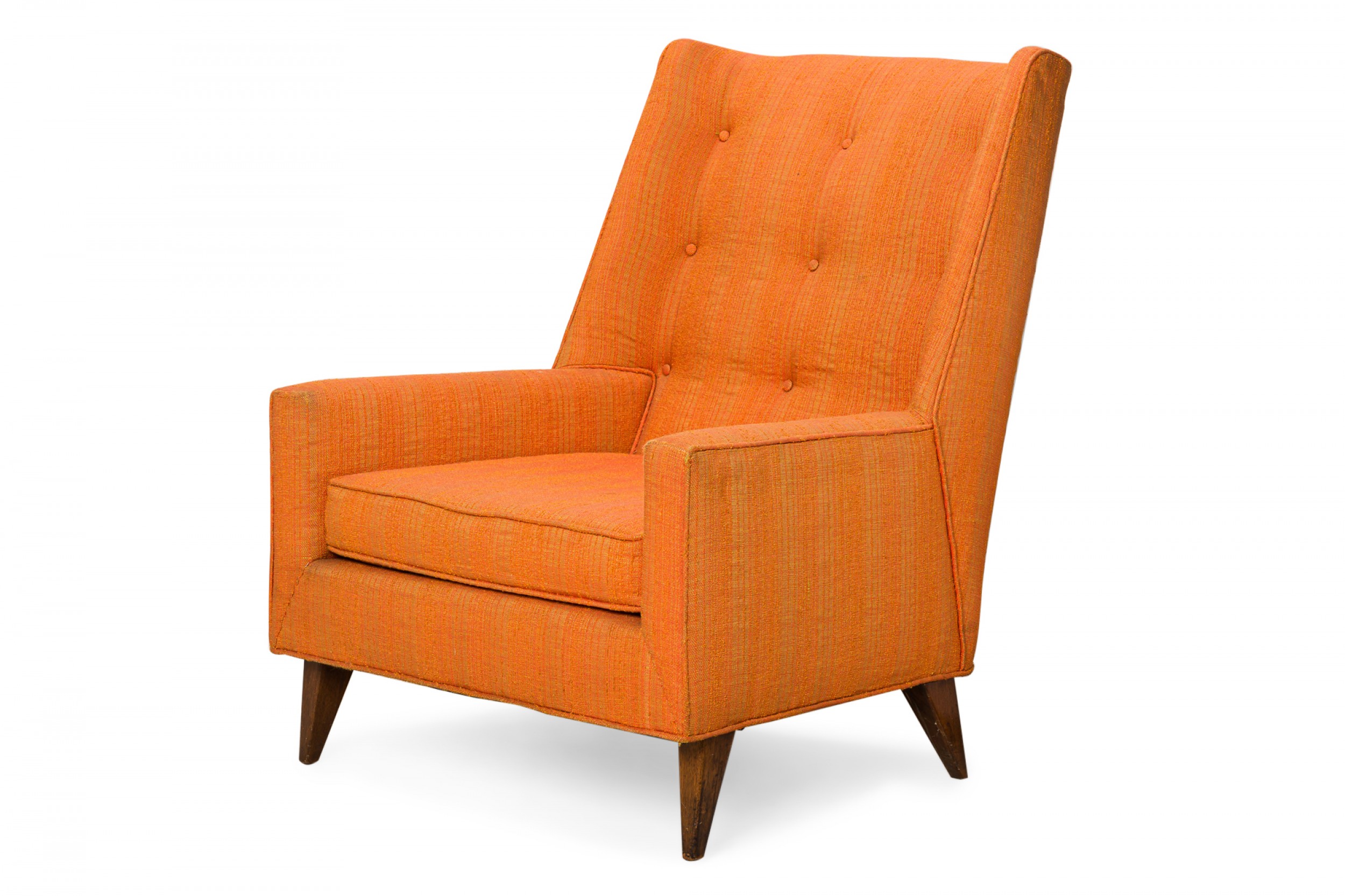 Harvey probber american mid century tall back orange fabric upholstered arm lounge chair
