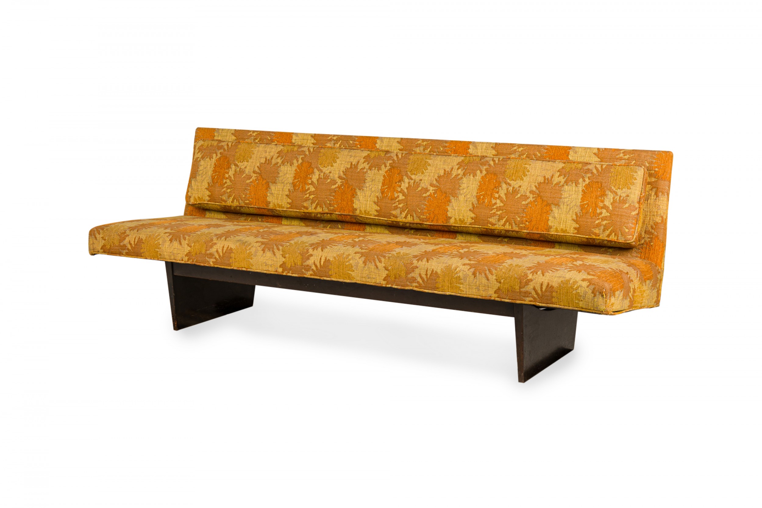 Harvey probber american mid century gold and orange patterned upholstered sled base sofa