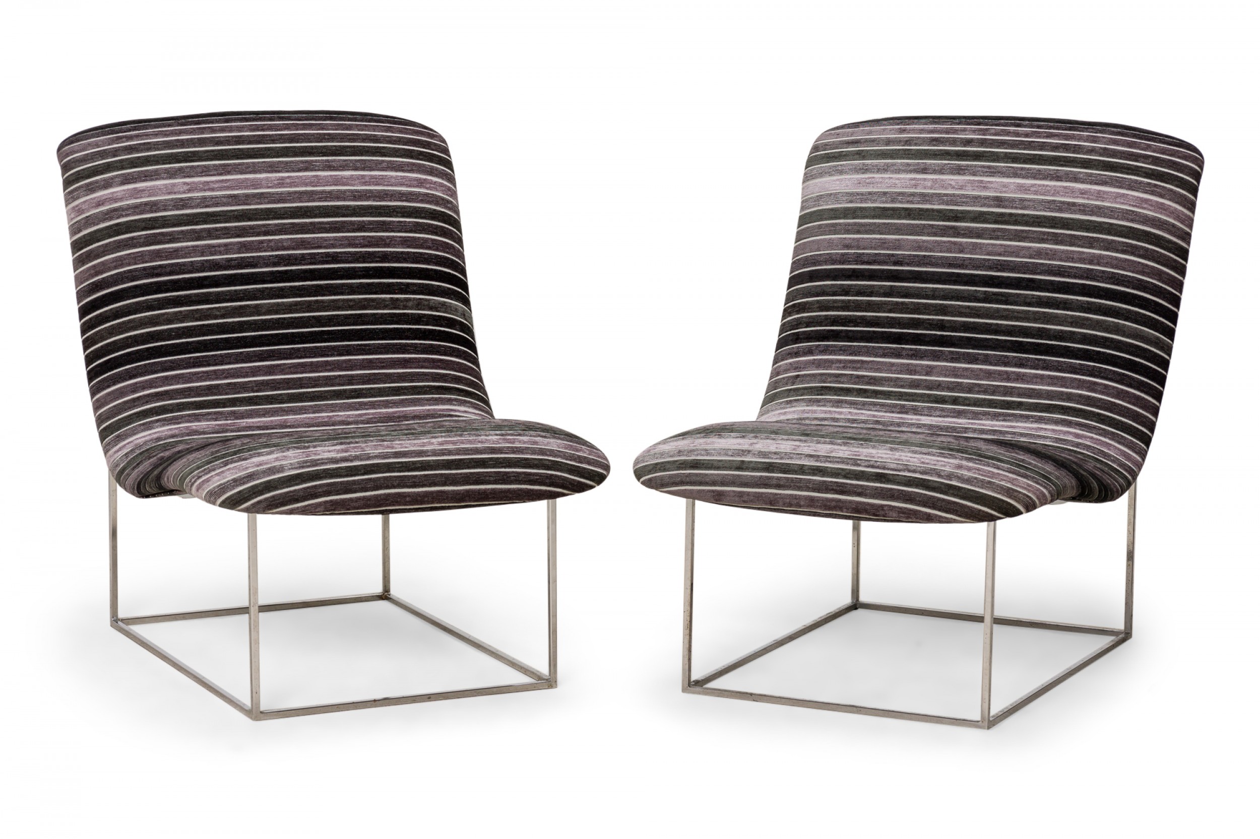 Pair of milo baughman american mid century chrome and black gray striped upholstery slipper chairs