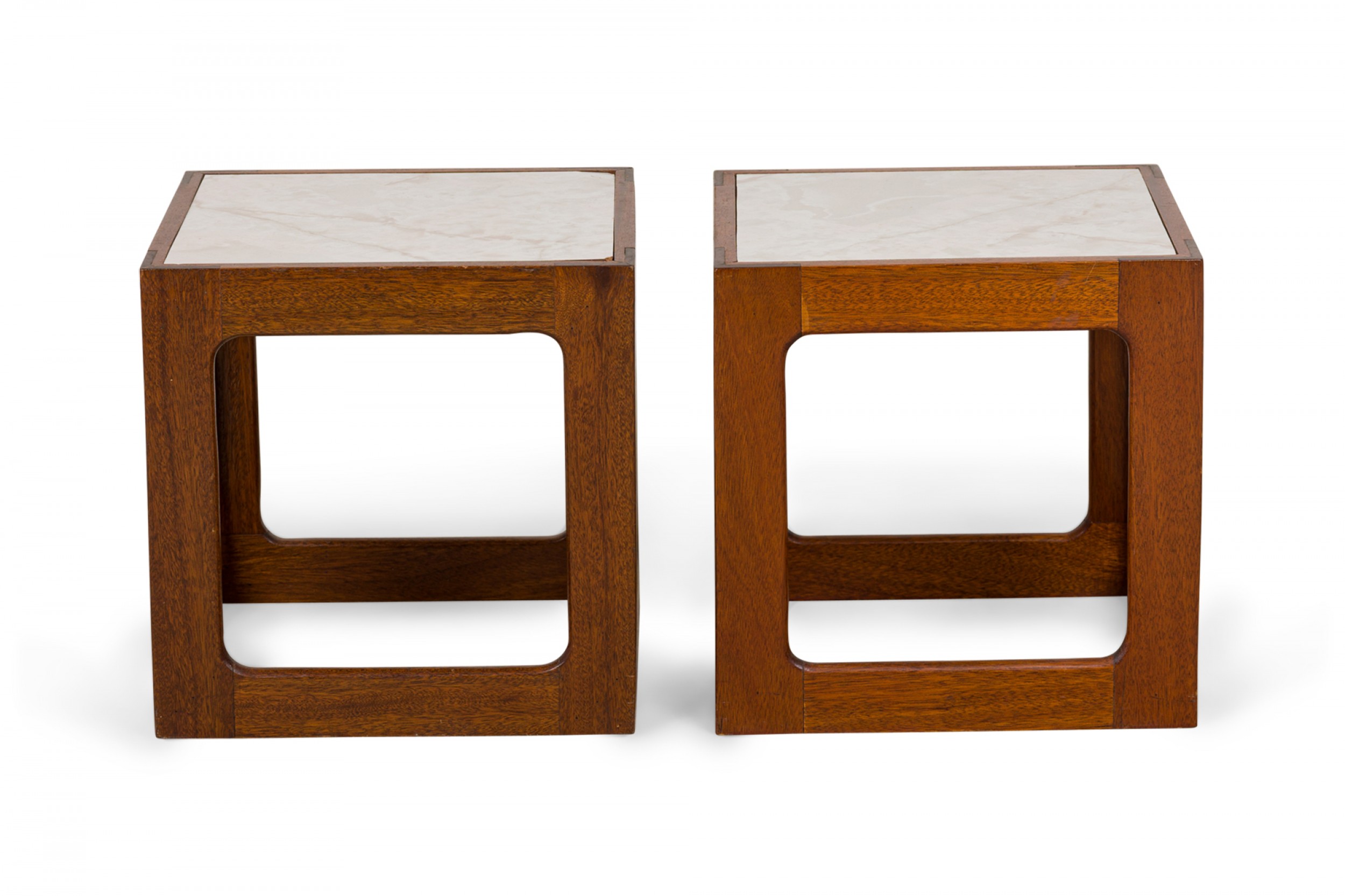 Pair of adrian pearsall american mid century open cube wood and faux white marble end side tables