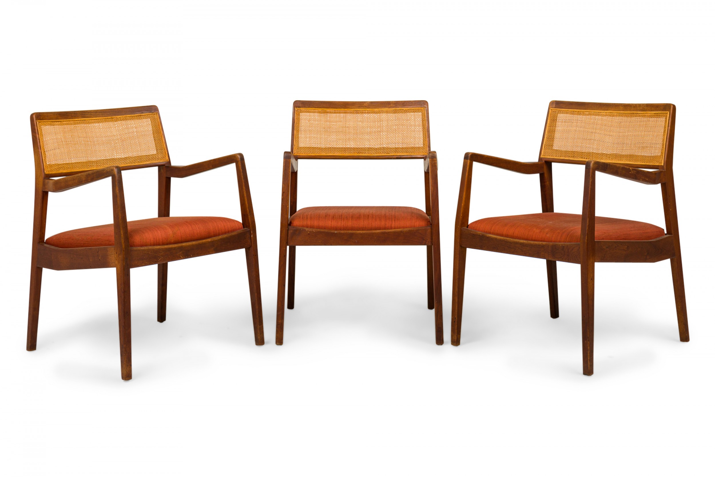 Jens risom danish mid century teak caning and orange upholstery conference armchairs
