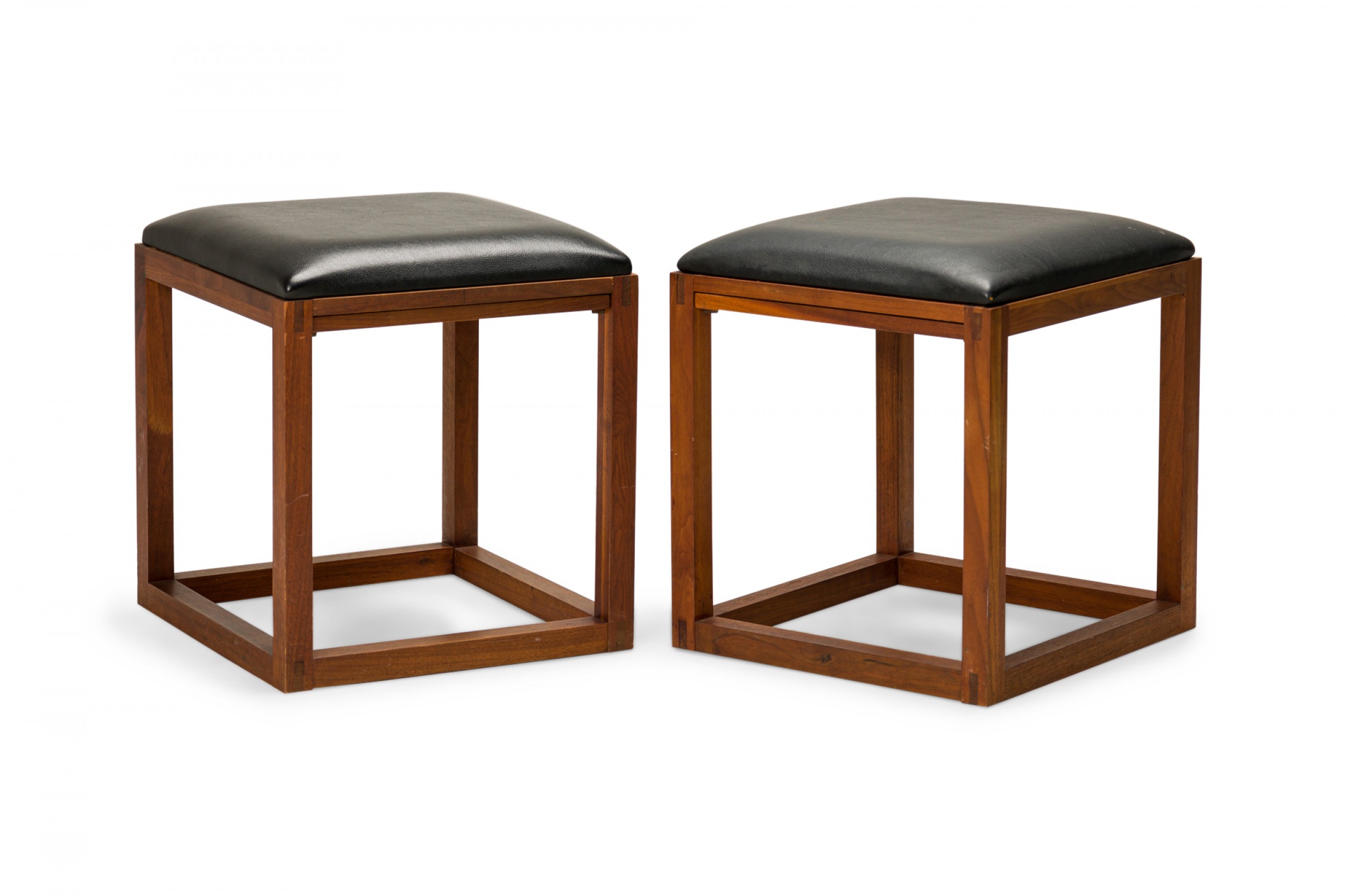 Pair of tony paul american mid century black leather upholstered wooden cube stool with slide tray