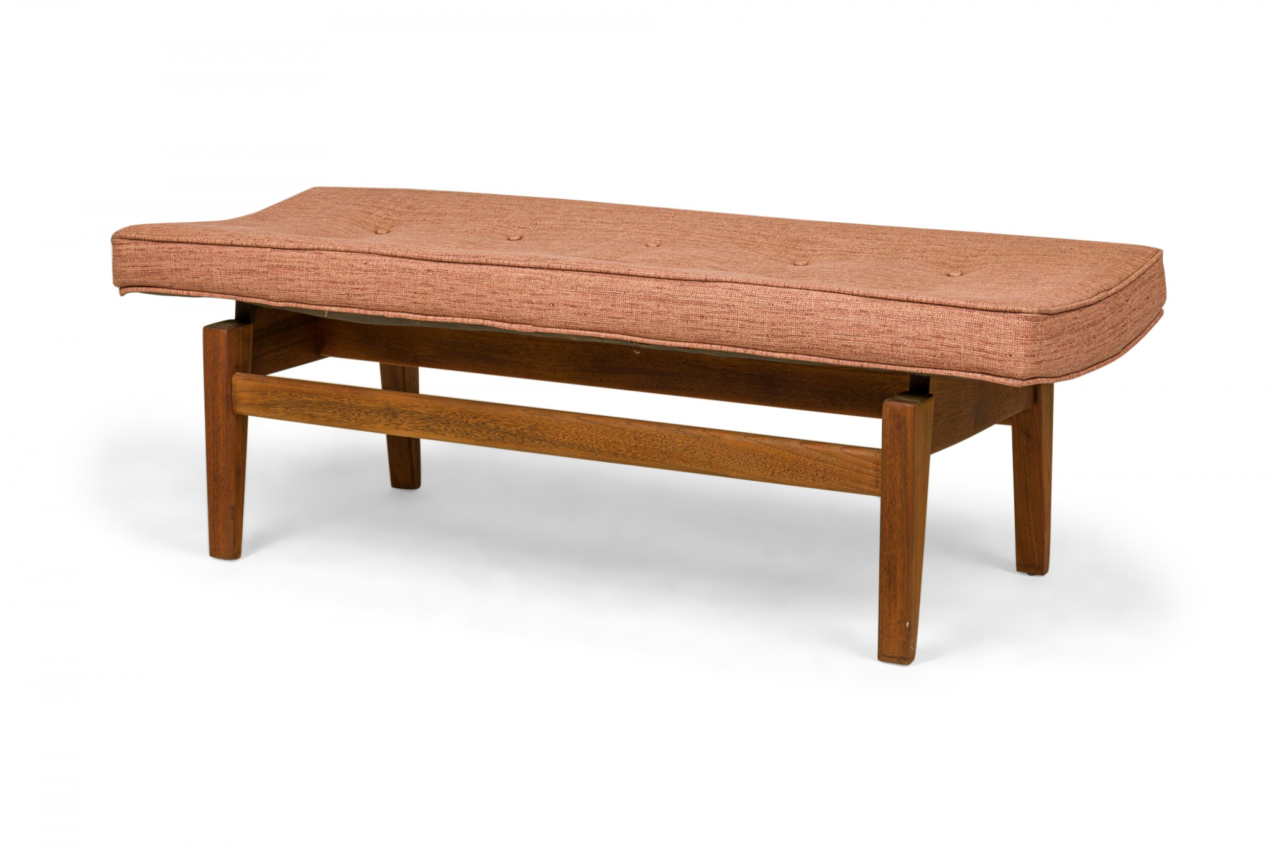 Jens risom danish mid century rose pink upholstery and walnut floating bench