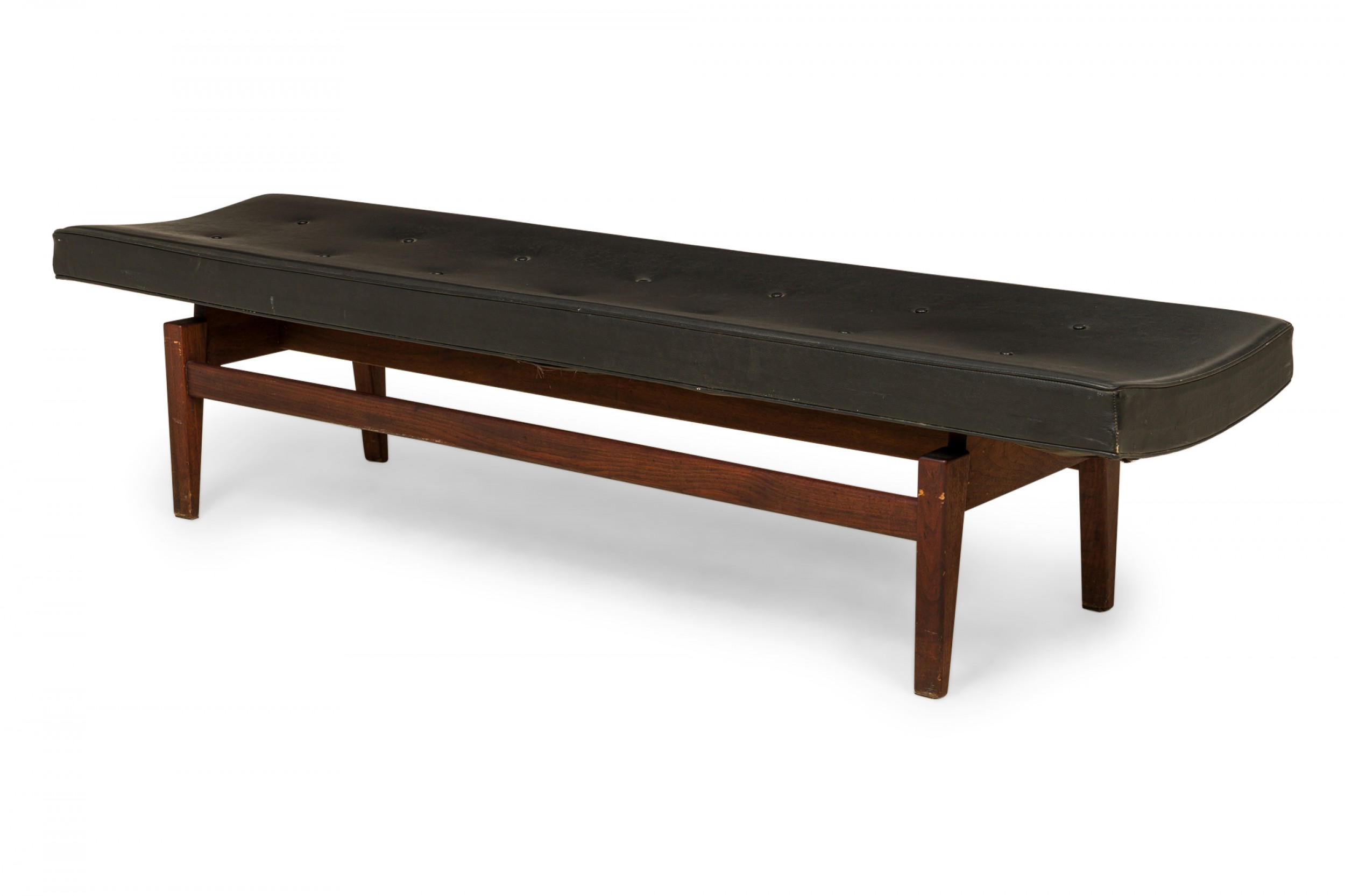 Jens risom danish mid century black tufted vinyl and wood floating bench