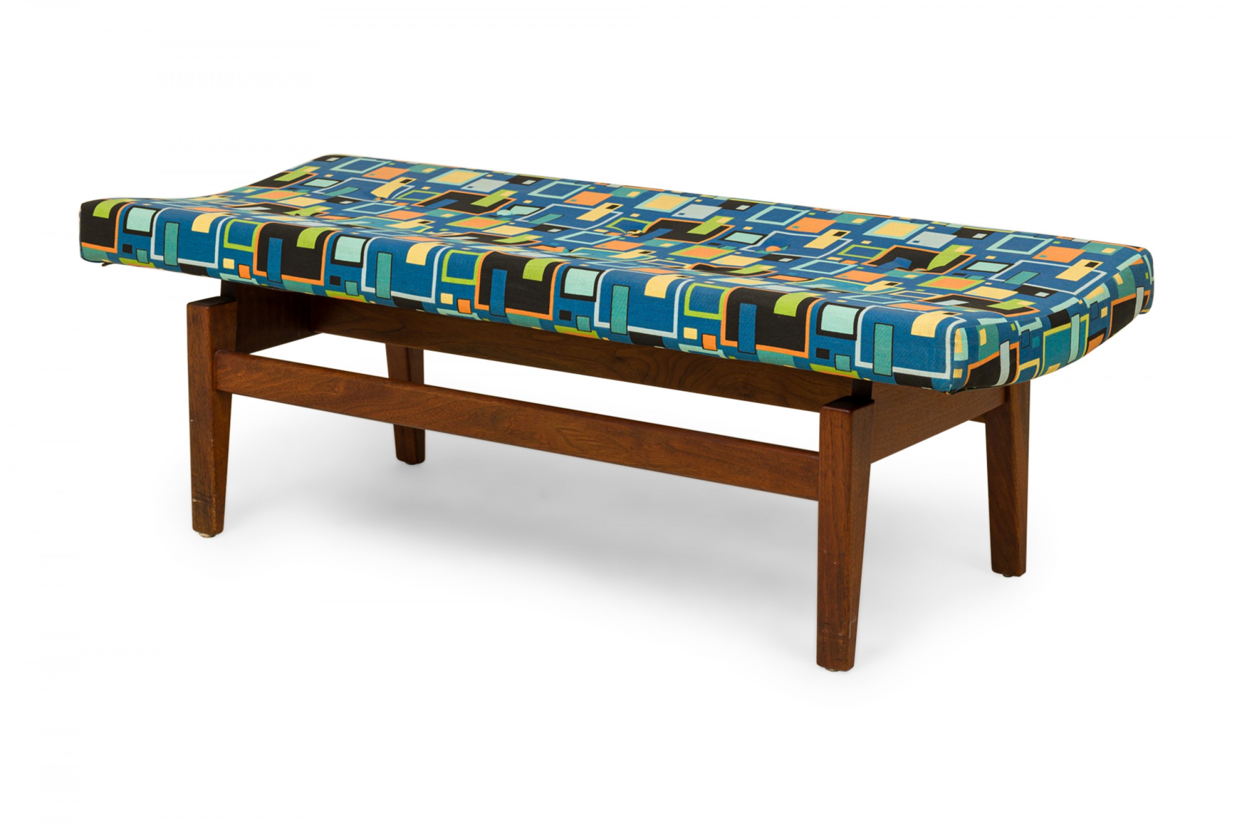 Jens risom danish mid century multi colored geometric pattern upholstery and wood floating bench
