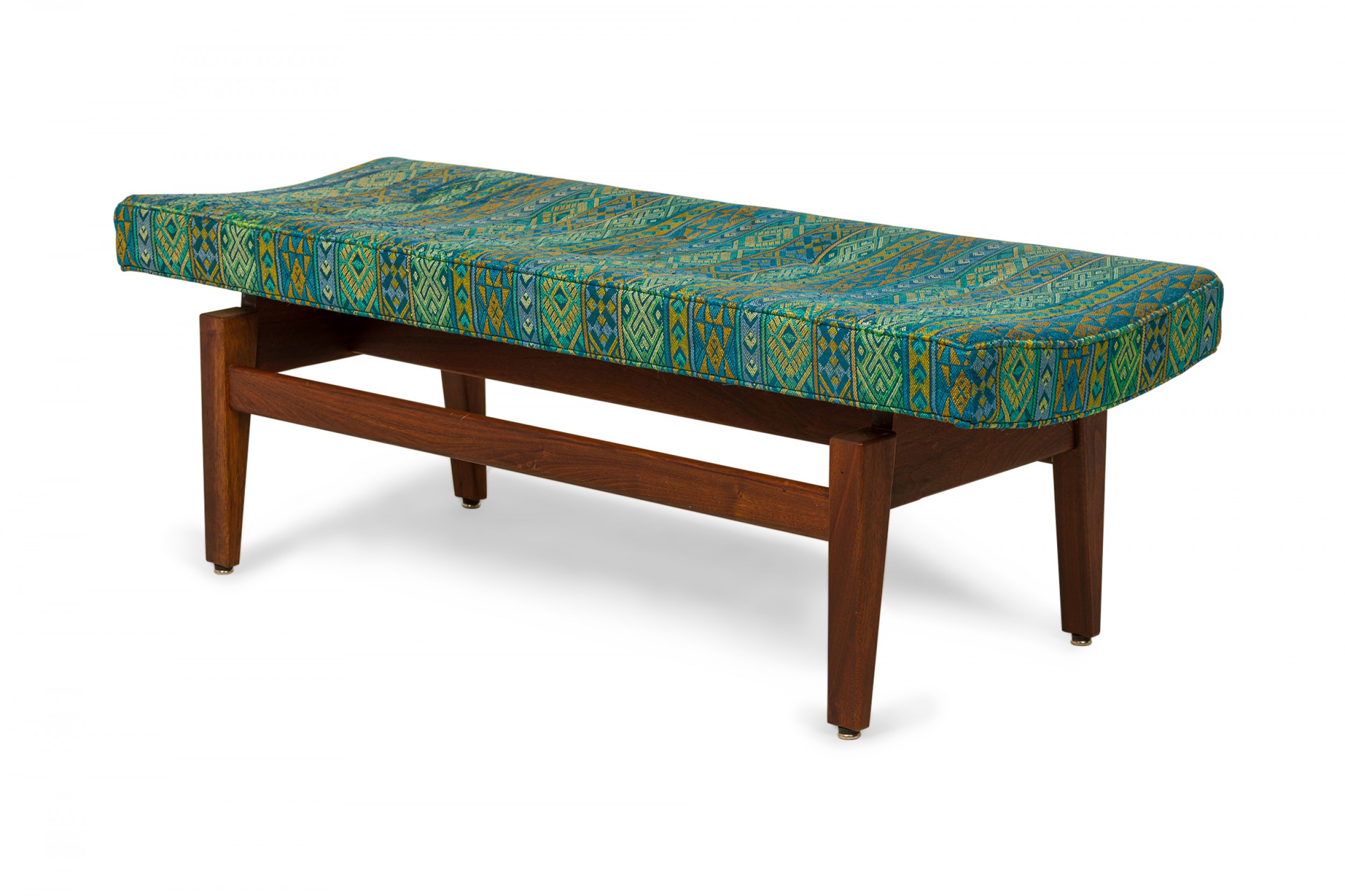Jens risom danish mid century blue and green southwestern pattern upholstery and wood floating bench