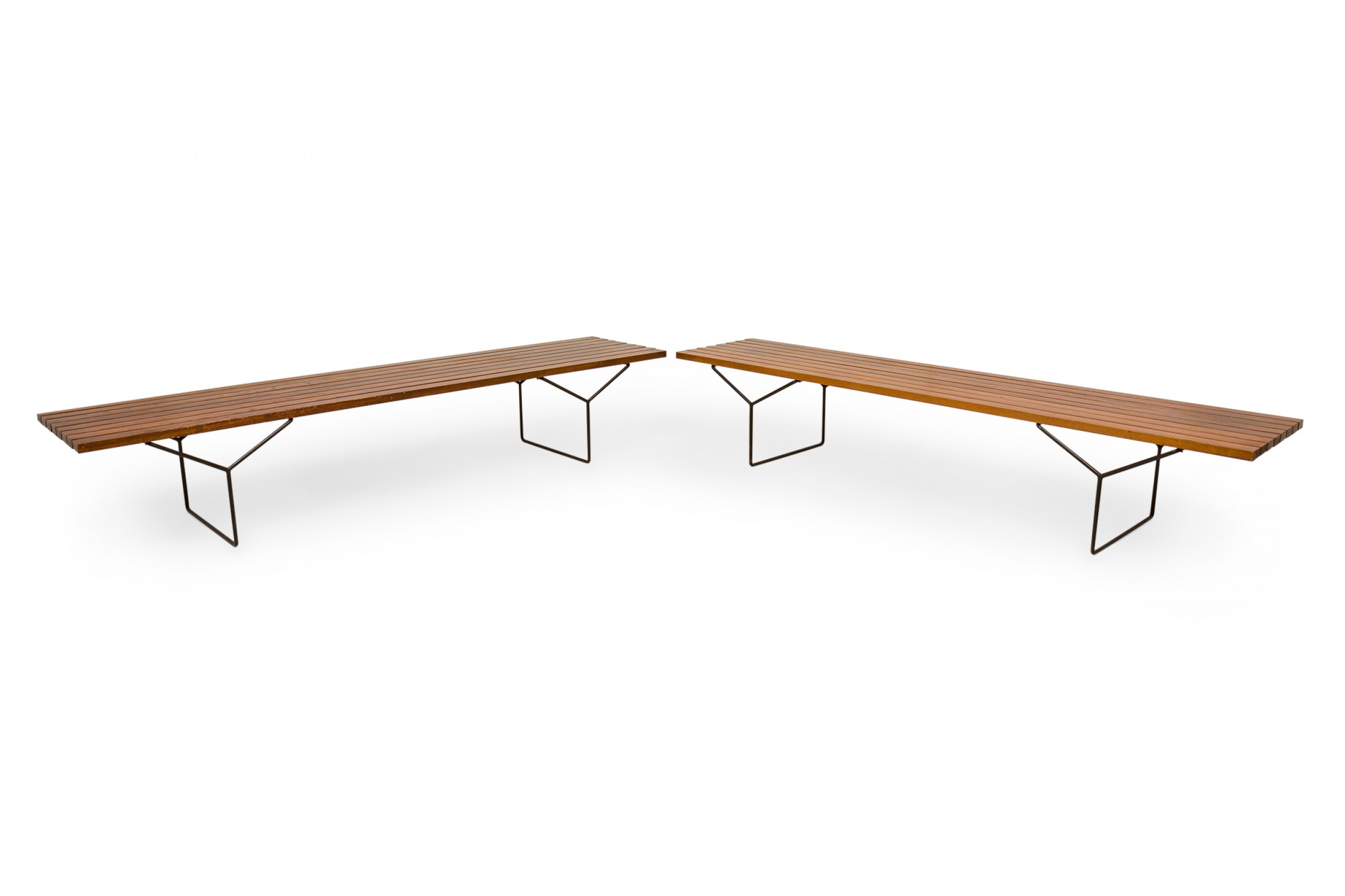 Pair of harry bertoia for knoll associates mid century wooden slat and metal y frame benches