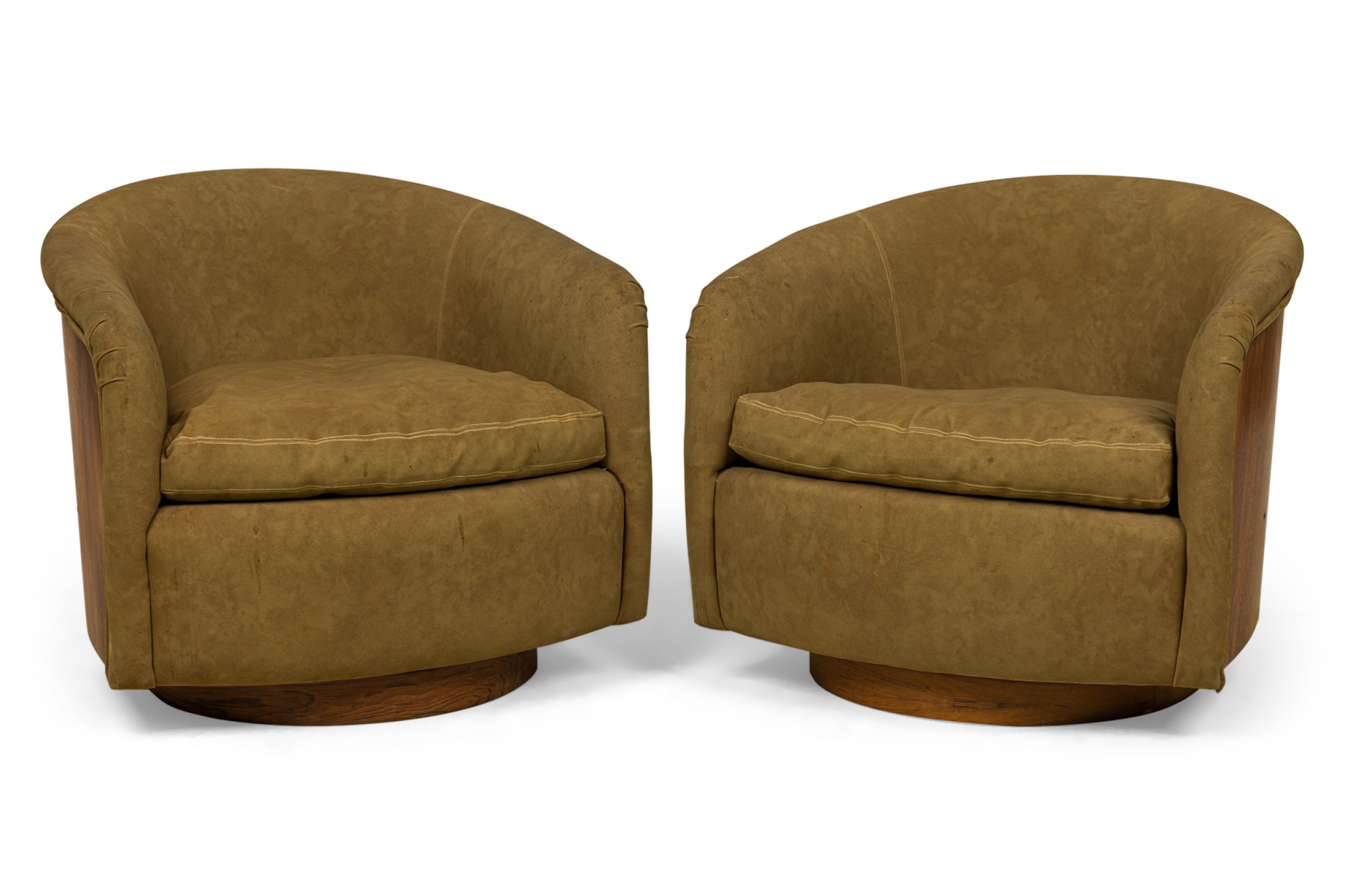 Pair of milo baughman for thayer coggin mid century khaki brown horseshoe lounge armchairs