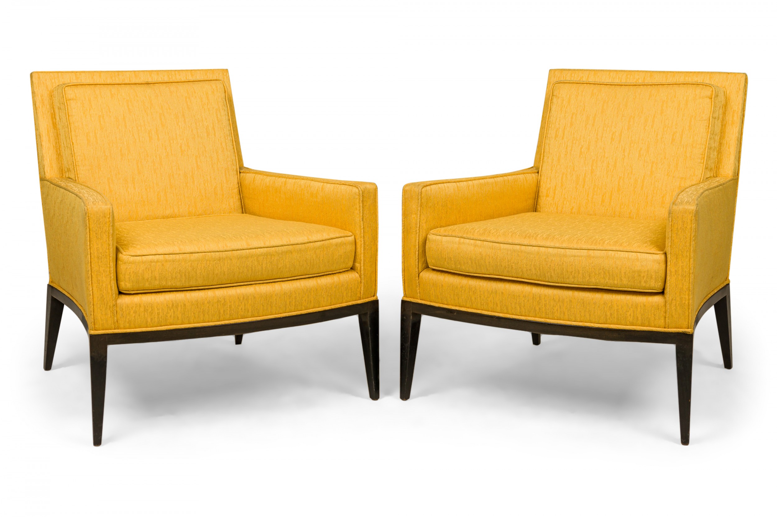Pair of harvey probber mid century bright yellow fabric upholstered ebonized lounge armchairs